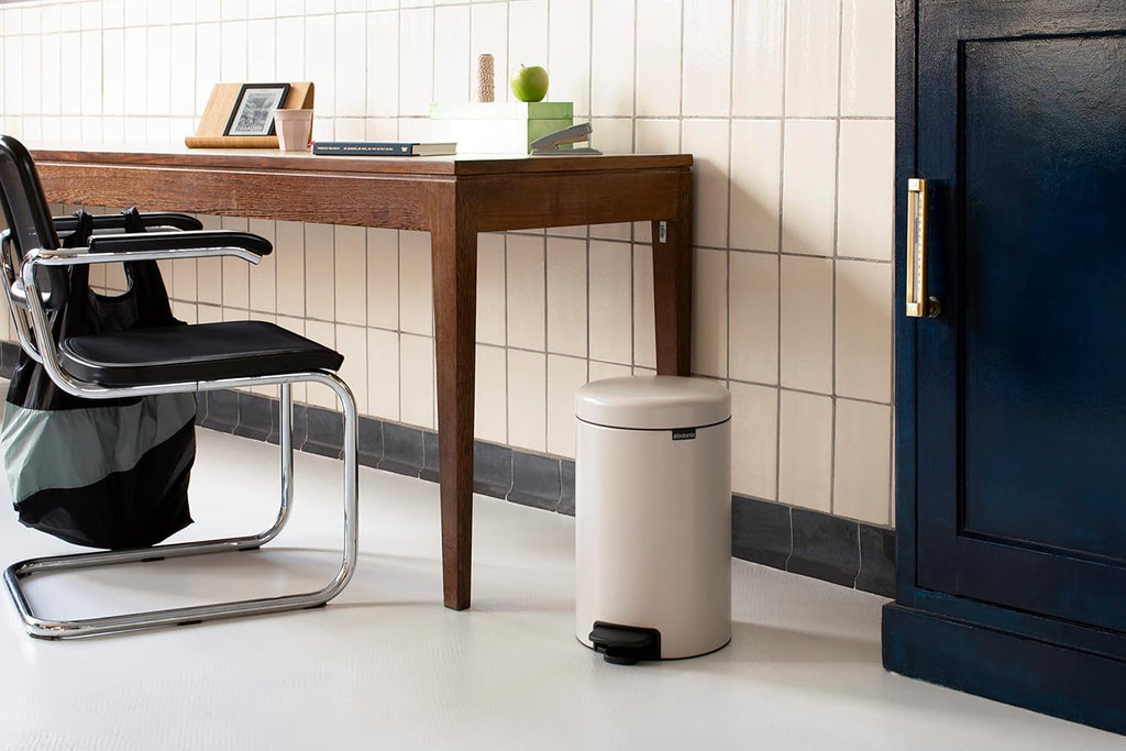 Brabantia - NewIcon Pedal Bin 12L - Medium Waste Bin for Kitchen or Bedroom - Soft Closing Lid - Light Pedal Operation - with Removable Inner Bucket - Non-Slip Base - Soft Beige - 25 x 34 x 41 cm