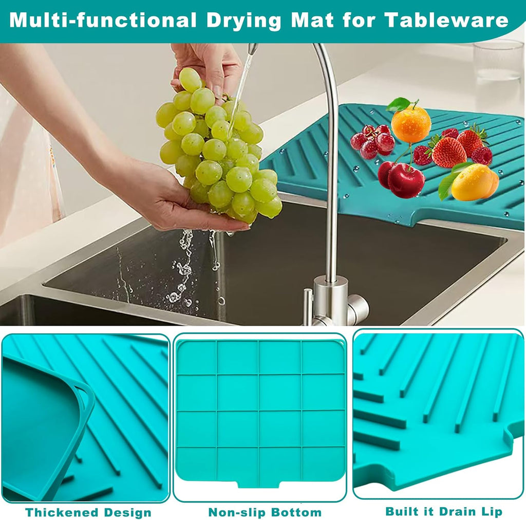 Dish Drying Mat, Silicone Dish Draining Mat with Double Hanging Hole, Thicken Self Drying Mat-Soft & Easy to Clean, Draining Board Mats for kitchen Counter-Green (15.7inch x 13.6 inch)