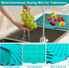 Dish Drying Mat, Silicone Dish Draining Mat with Double Hanging Hole, Thicken Self Drying Mat-Soft & Easy to Clean, Draining Board Mats for kitchen Counter-Green (15.7inch x 13.6 inch)