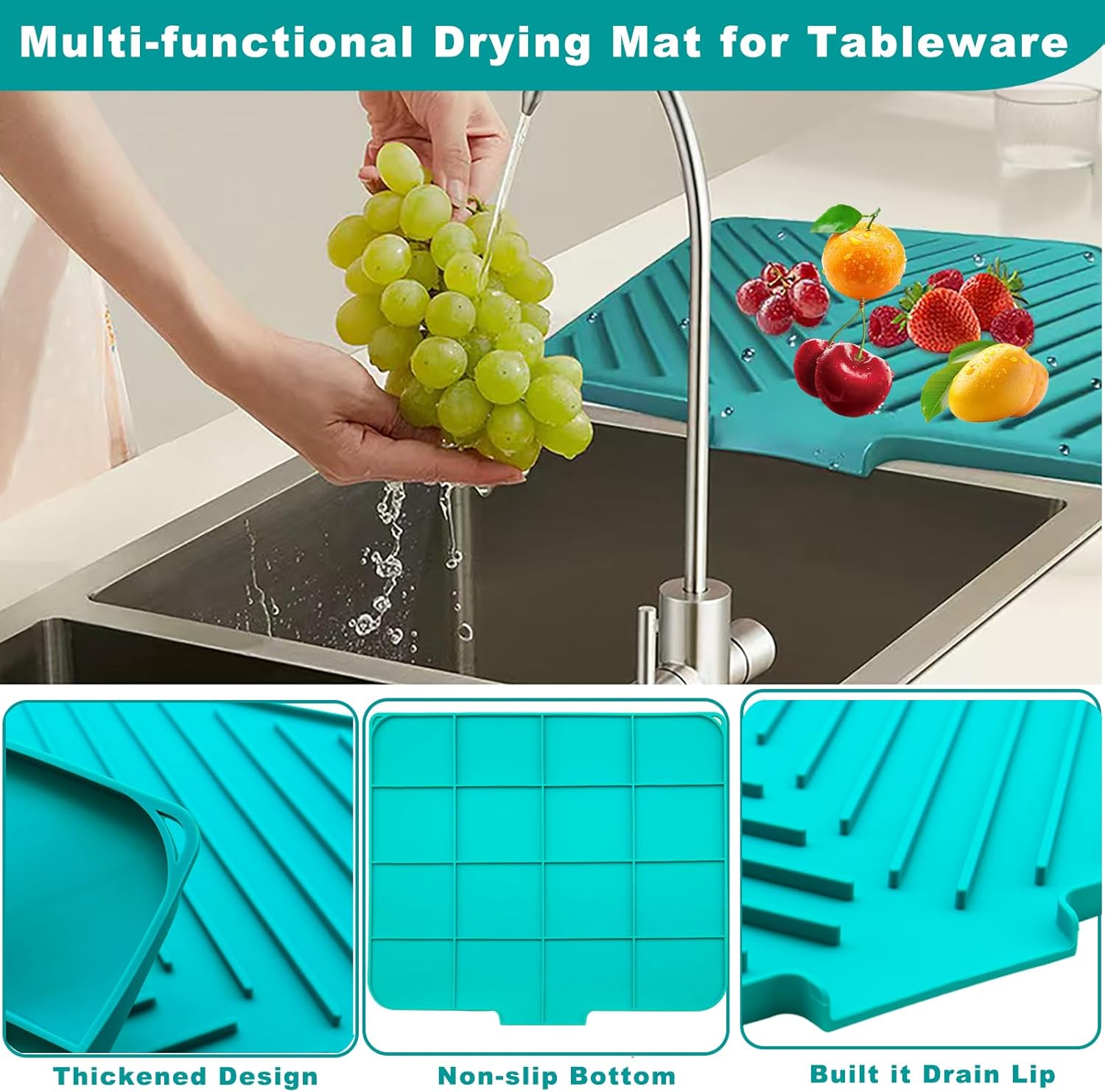 Dish Drying Mat, Silicone Dish Draining Mat with Double Hanging Hole, Thicken Self Drying Mat-Soft & Easy to Clean, Draining Board Mats for kitchen Counter-Green (15.7inch x 13.6 inch)