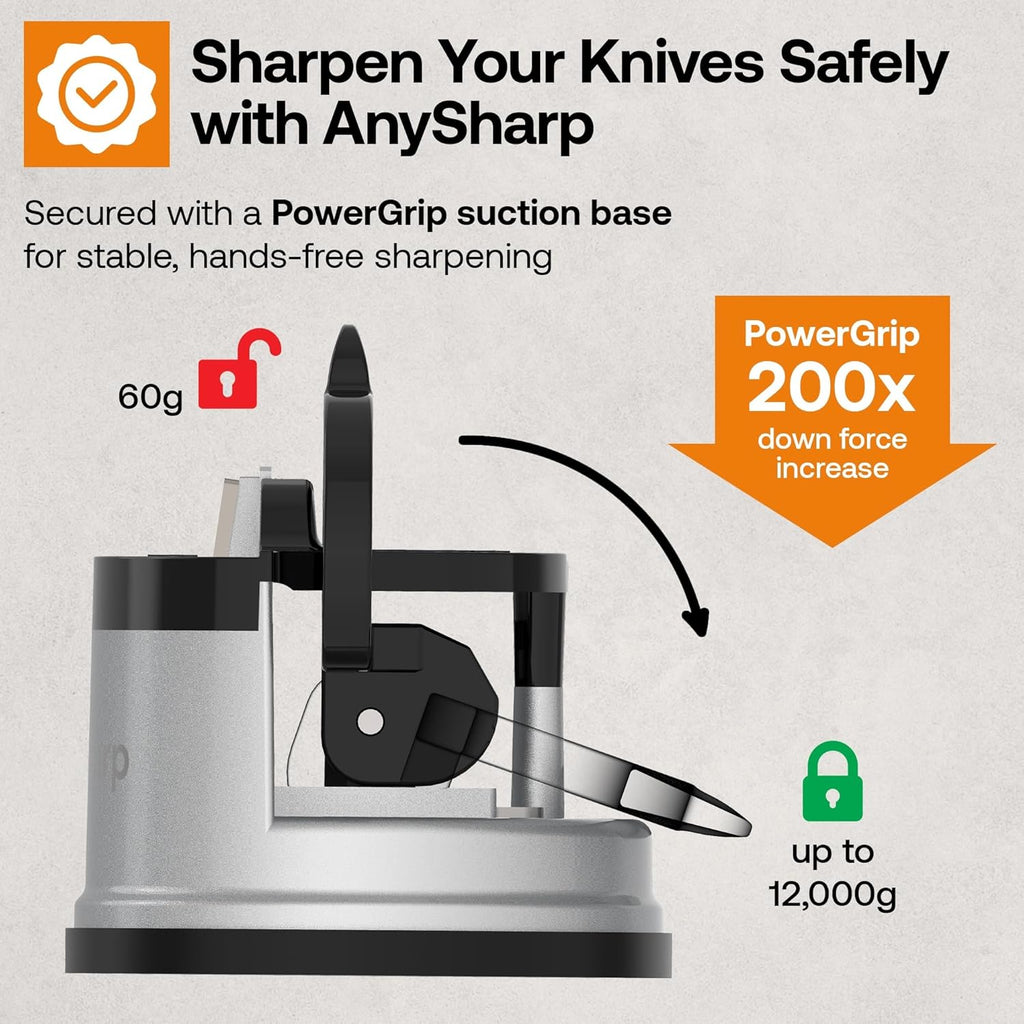 Knife Sharpener, Hands-Free Safety, PowerGrip Suction, Safely Sharpens All Kitchen Knives, Ideal for Hardened Steel & Serrated, World's Best, Compact, One Size, Silver