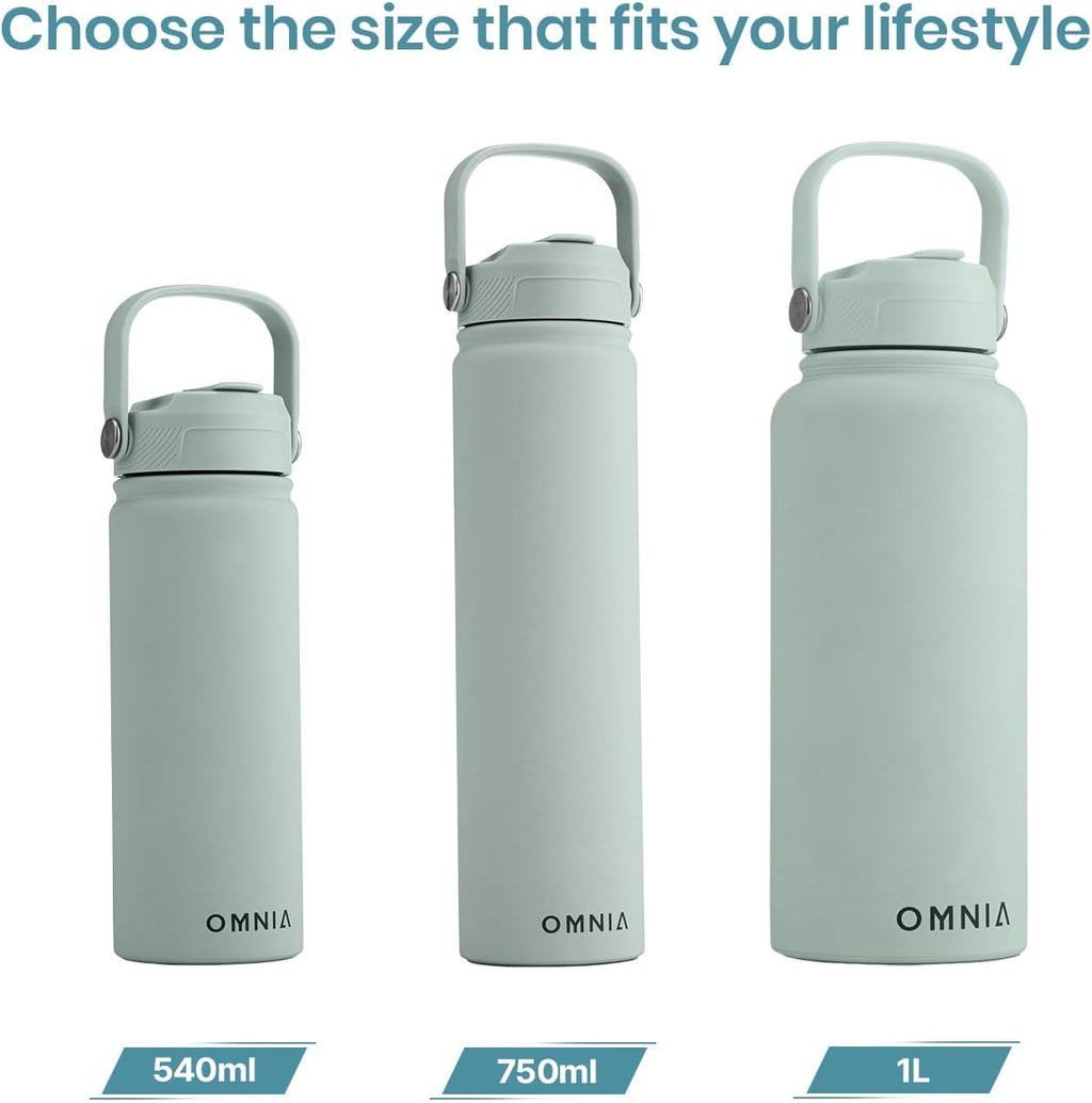 OMNIA Vacuum Insulated Stainless Steel Water Bottle, 2 Lids (Straw & Spout) Leakproof, BPA-Free, Reusable Flask, Hot & Cold Thermos for Sports, Gym, Travel, Outdoors (Cool Green, 750ML)
