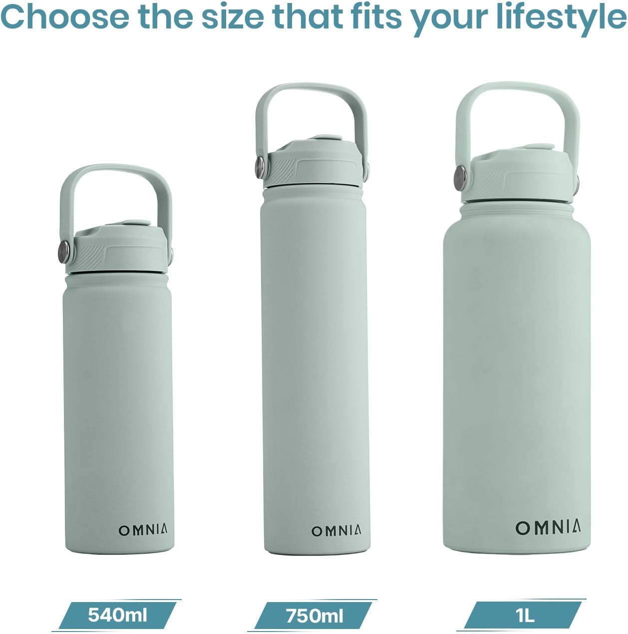 OMNIA Vacuum Insulated Stainless Steel Water Bottle, 2 Lids (Straw & Spout) Leakproof, BPA-Free, Reusable Flask, Hot & Cold Thermos for Sports, Gym, Travel, Outdoors (Cool Green, 750ML)