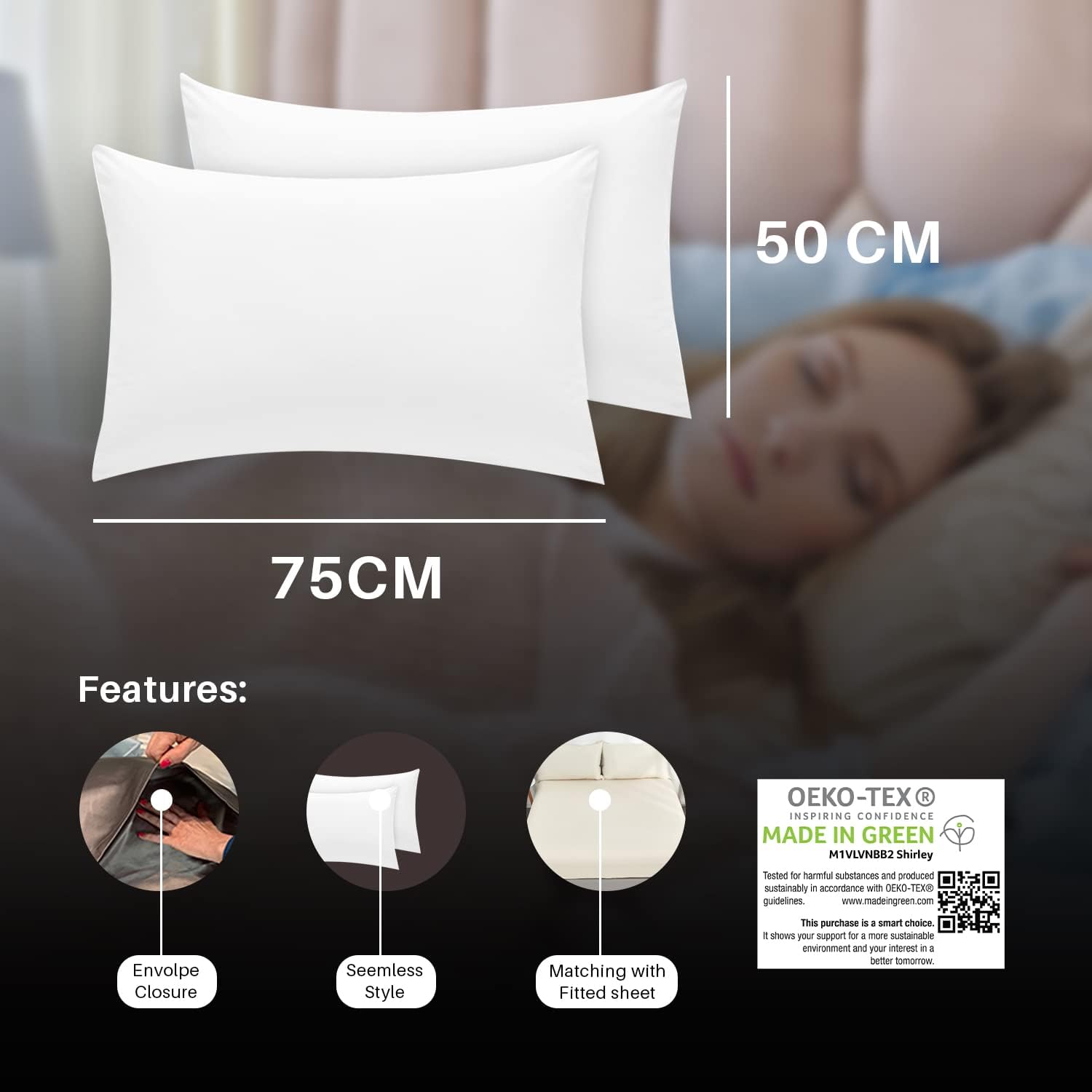 Pillow Cases 2 pack 400 Thread Count 100% Egyptian Cotton Hotel Quality Soft Sateen white pillowcases 2 pack -2 x King Housewife Pillow Cases (50 x 90cm) Secondary image