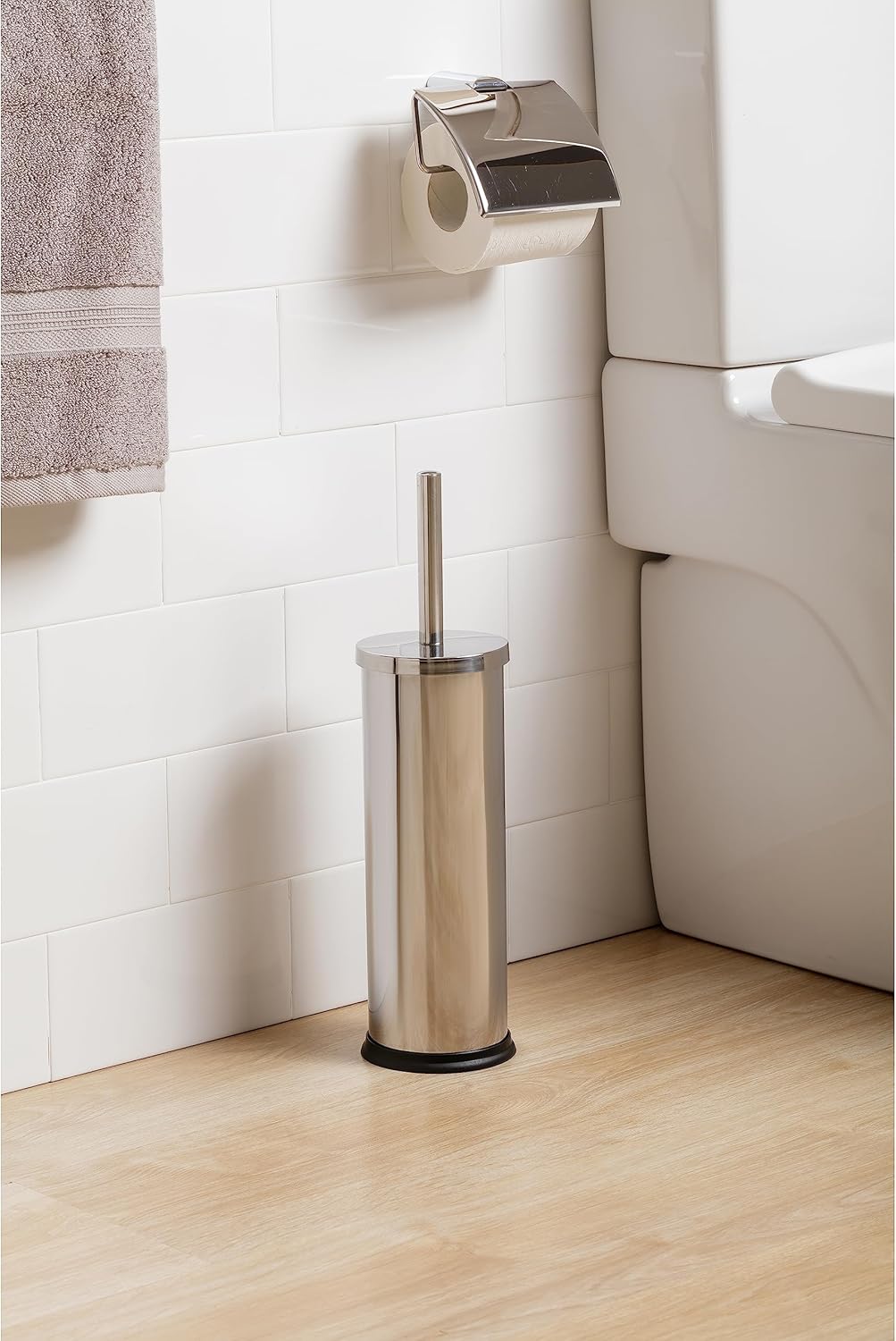 Toilet Brush | Stainless Steel | Satin Metal Finish | Inner Plastic Bucket Included | Modern & Easy-to-Clean Design | Maintains Bathroom Hygiene | Brush with Holder | 9 x 9 x 37 cm