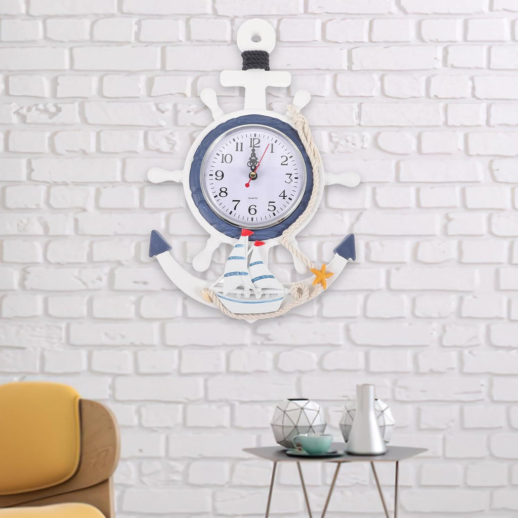 IMIKEYA Mediterranean Style Anchor Clock, Outdoor ClocksNautical Anchor Ship Steering Wheel Fishing Net Wall Clock for Beach Sea Theme Decor