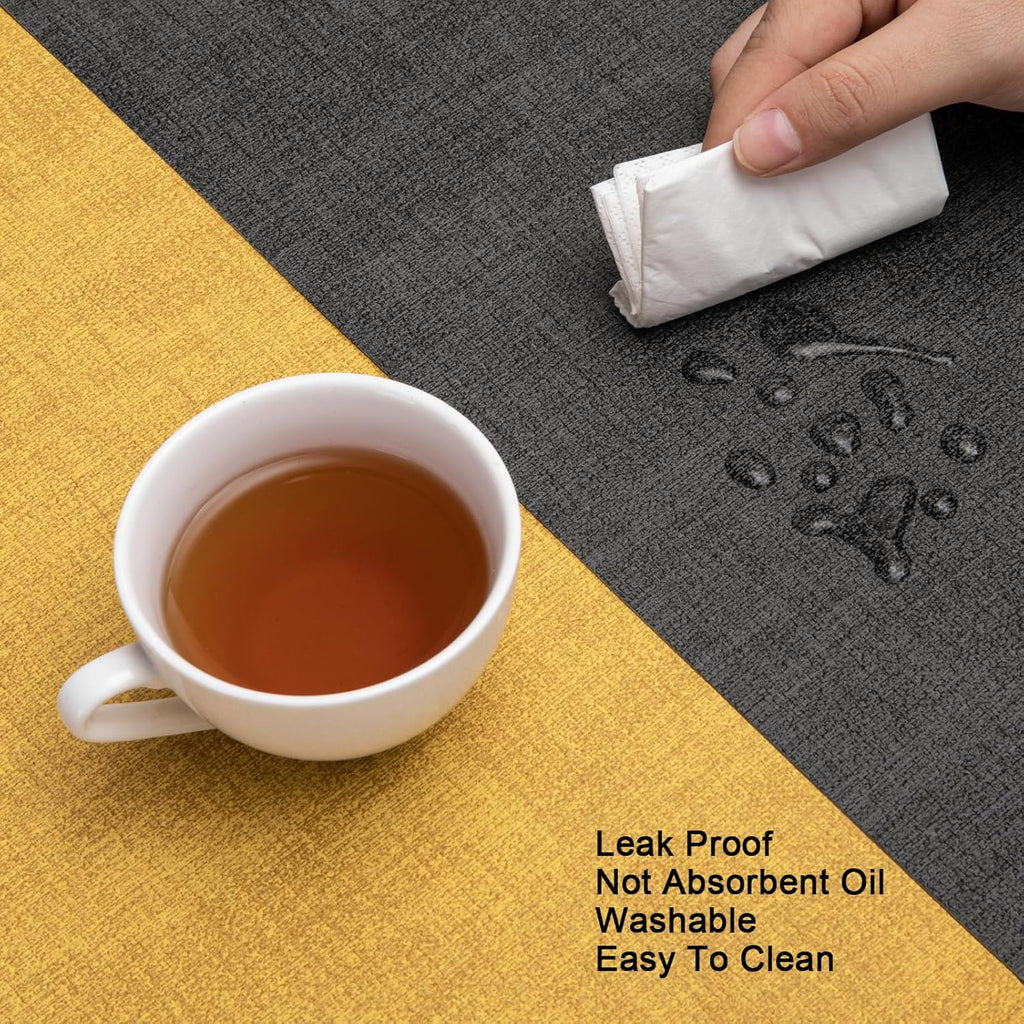 Placemats and Coasters Set of 4, Place Mats Dual Sided Faux Leather Table Mats PU Indoor Outdoor Heat Resistant Placemat Square Non Slip Wipeable Washable Dining Restaurant (Grey Yellow)