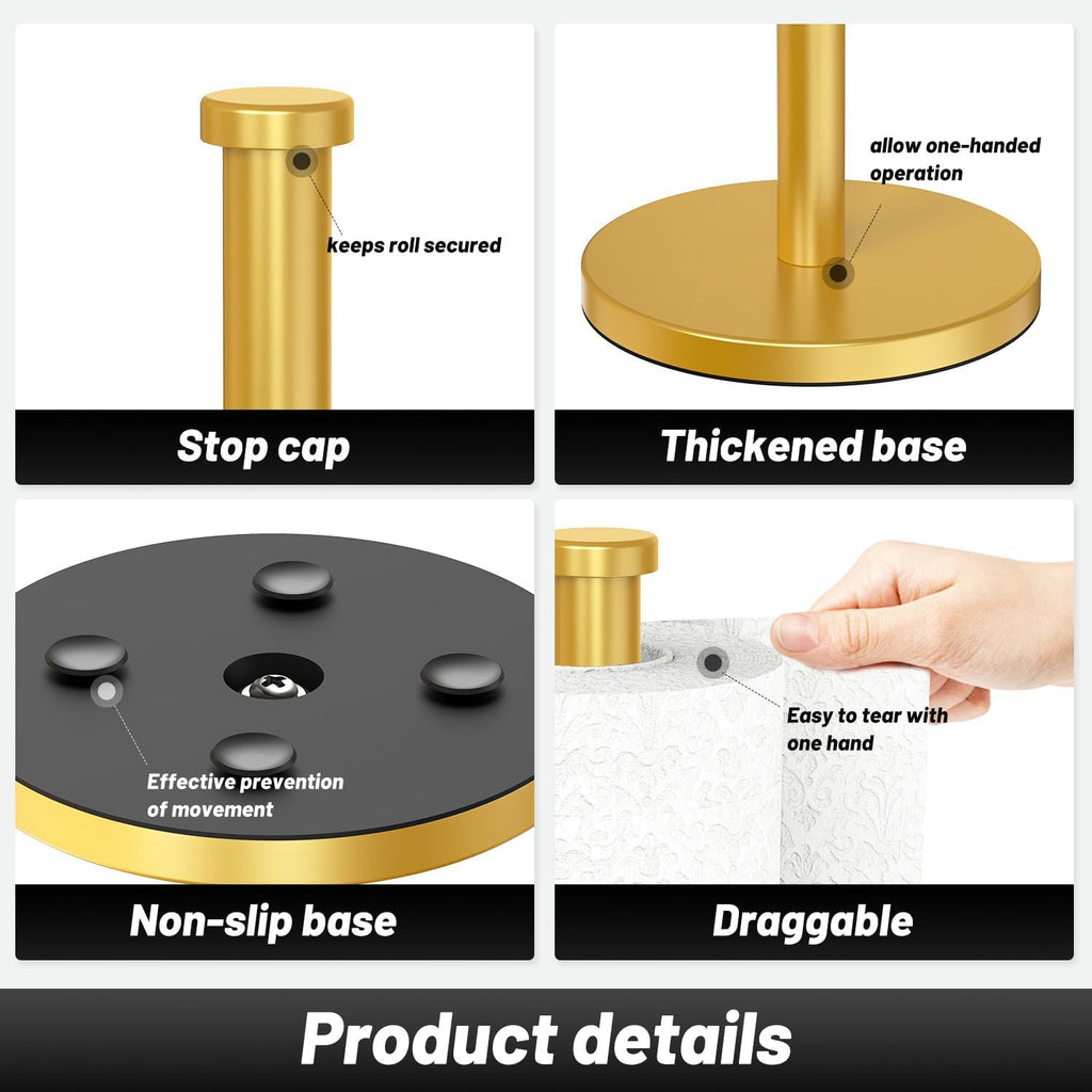 Gold Kitchen Roll Holder, Free Standing Paper Towel Holder with Suction Cups, Kitchen Towel Holders for Standard and Large Rolls, Suit for Kitchen, Dining Room,Bathroom