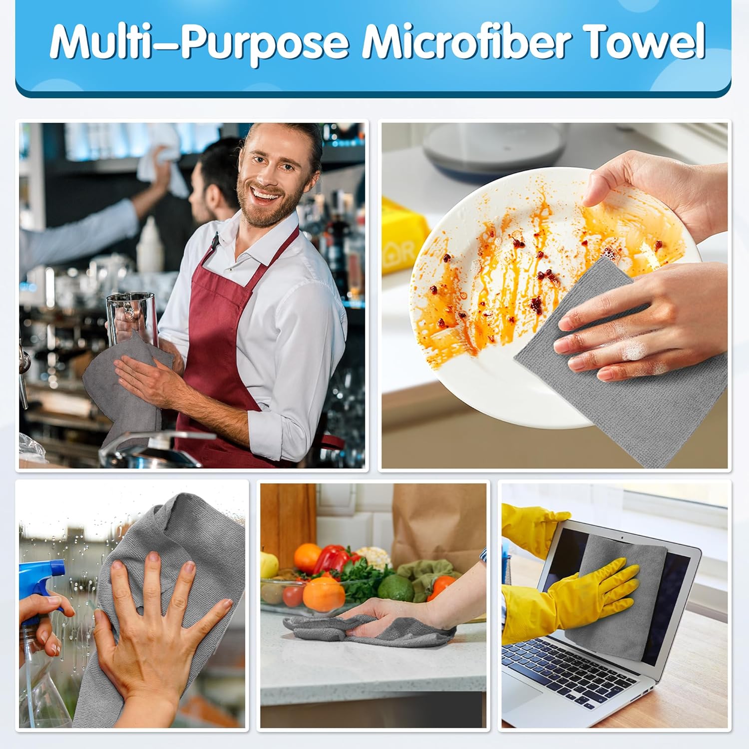 FIXSMITH Grey Microfibre Cleaning Cloth -Pack of 50, 16"X12" Cleaning Rags for Housekeeping and Kitchen, Reusable Shop Towels for Car, Lint Free, Scratch-Free, Highly Absorbent Microfibre Towels