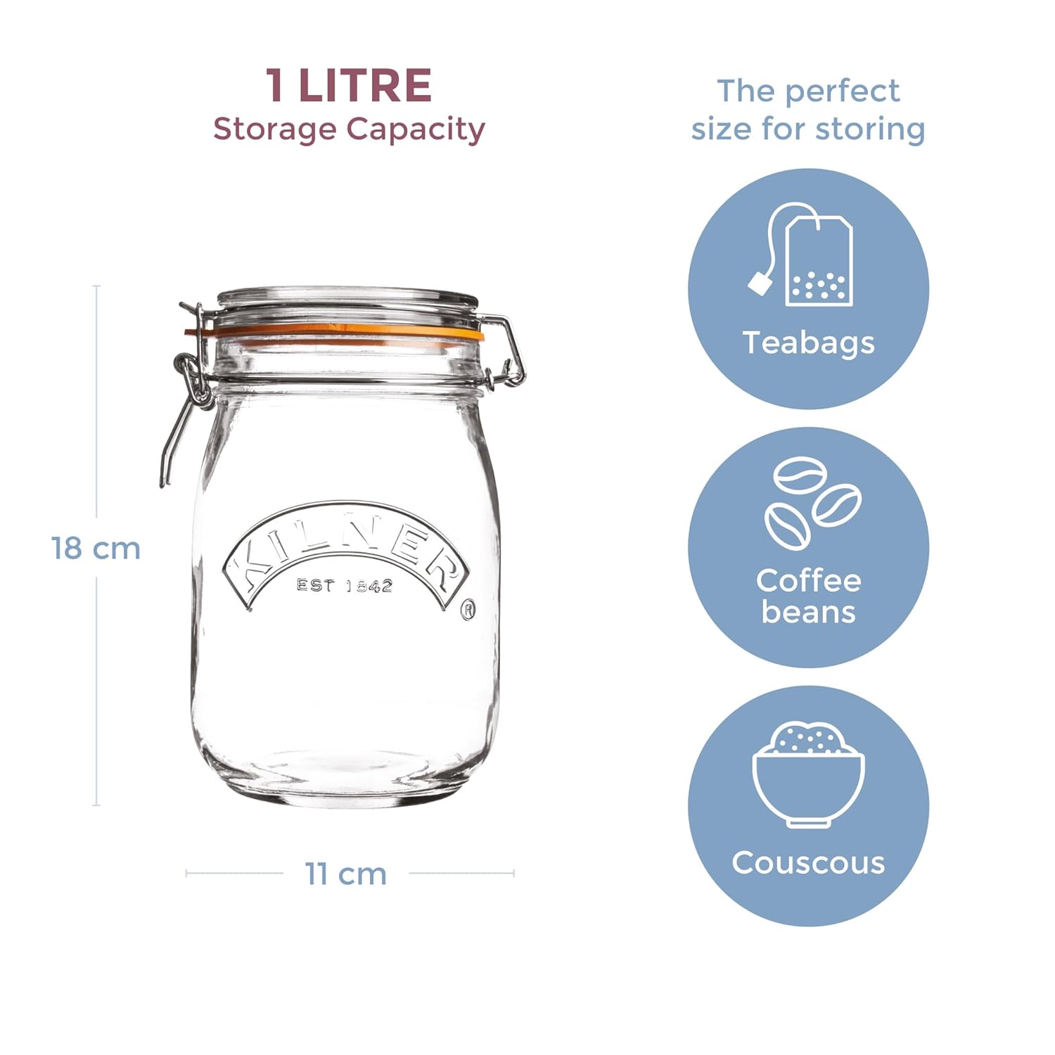 Clip Top Jar 1 Litre (1000 ml) Airtight Glass Storage Jar for Preserving Fruits Vegetables Coffee Tea Rice Flour Nuts Pasta