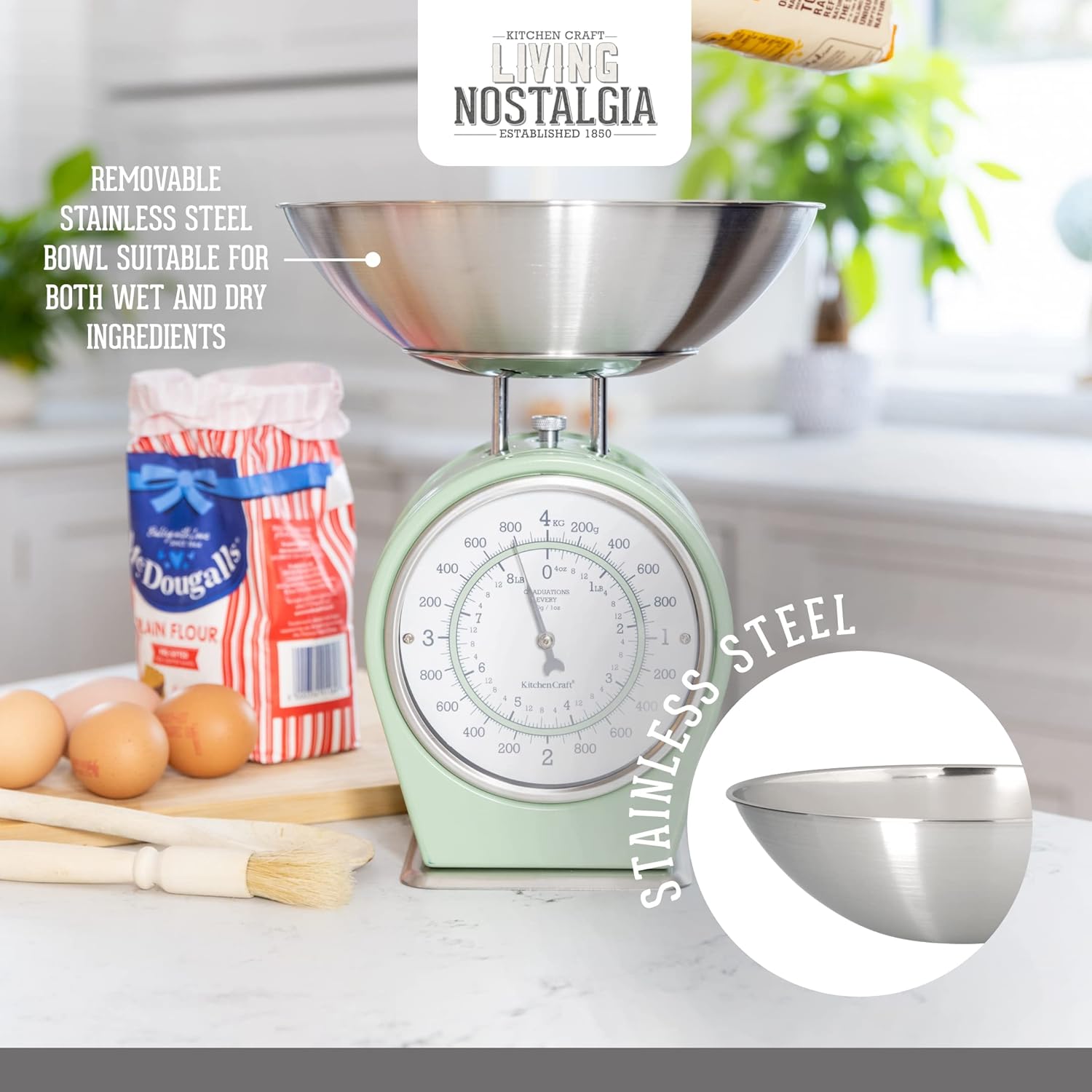 Living Nostalgia Mechanical Kitchen Scales, Retro Traditional Weighing Scale 4 kg (8 lbs), 25 x 25 x 3 cm, English Sage