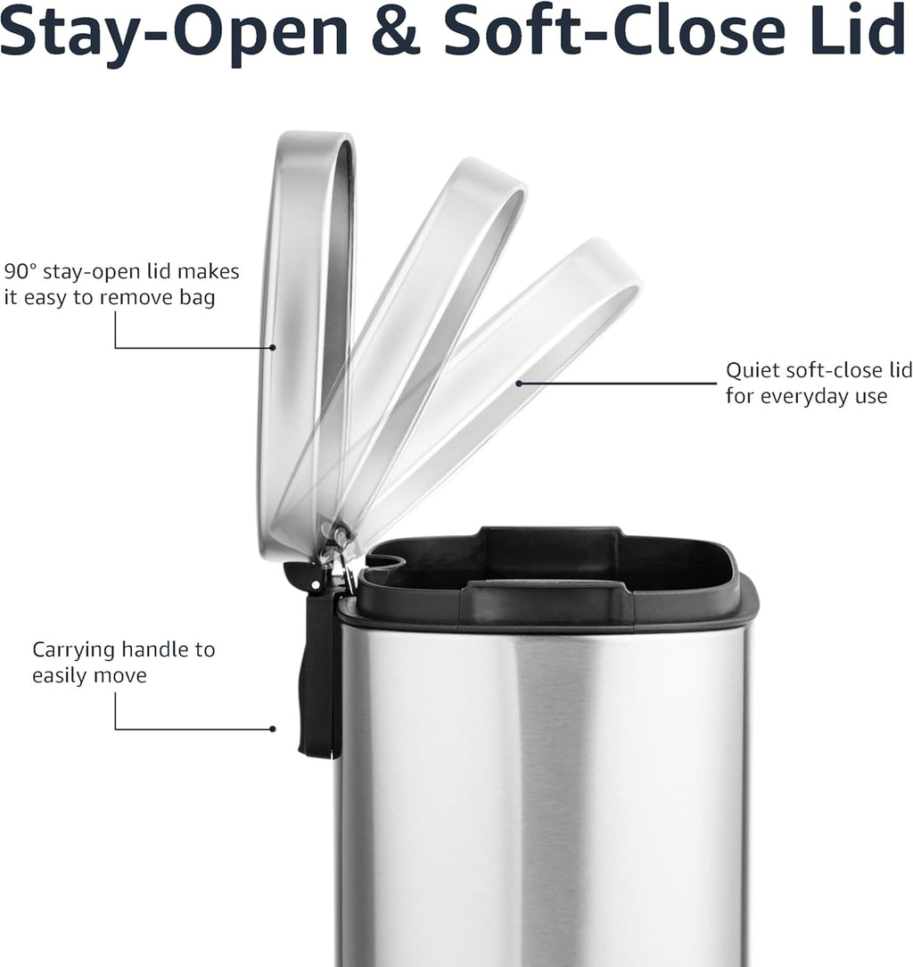 Smudge Resistant Mini Rectangular Trash Can With Soft-Close Foot Pedal, Brushed Stainless Steel, for Bathroom & small space, 5 L /1.32 Gal, Satin Nickel Finish, 7.3x8.5 x11.8 in (LxWxH)