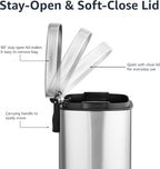 Smudge Resistant Mini Rectangular Trash Can With Soft-Close Foot Pedal, Brushed Stainless Steel, for Bathroom & small space, 5 L /1.32 Gal, Satin Nickel Finish, 7.3x8.5 x11.8 in (LxWxH)