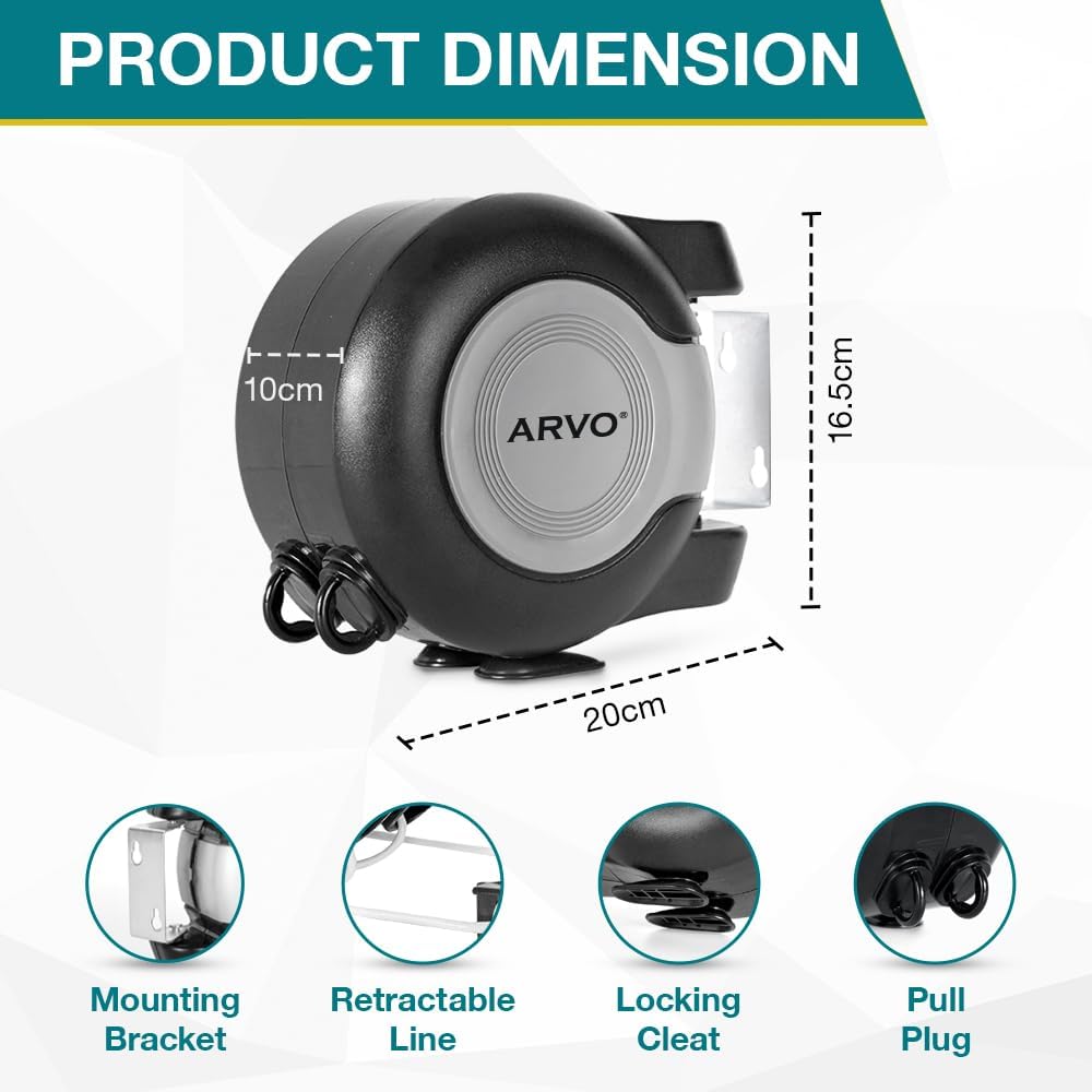 ARVO Wall Mounted Double Retractable Washing Line - 30m Clothes Line - Value Range Extendable Laundry Drying Line - 2 x 15m Cables for Indoor & Outdoor Use Secondary image