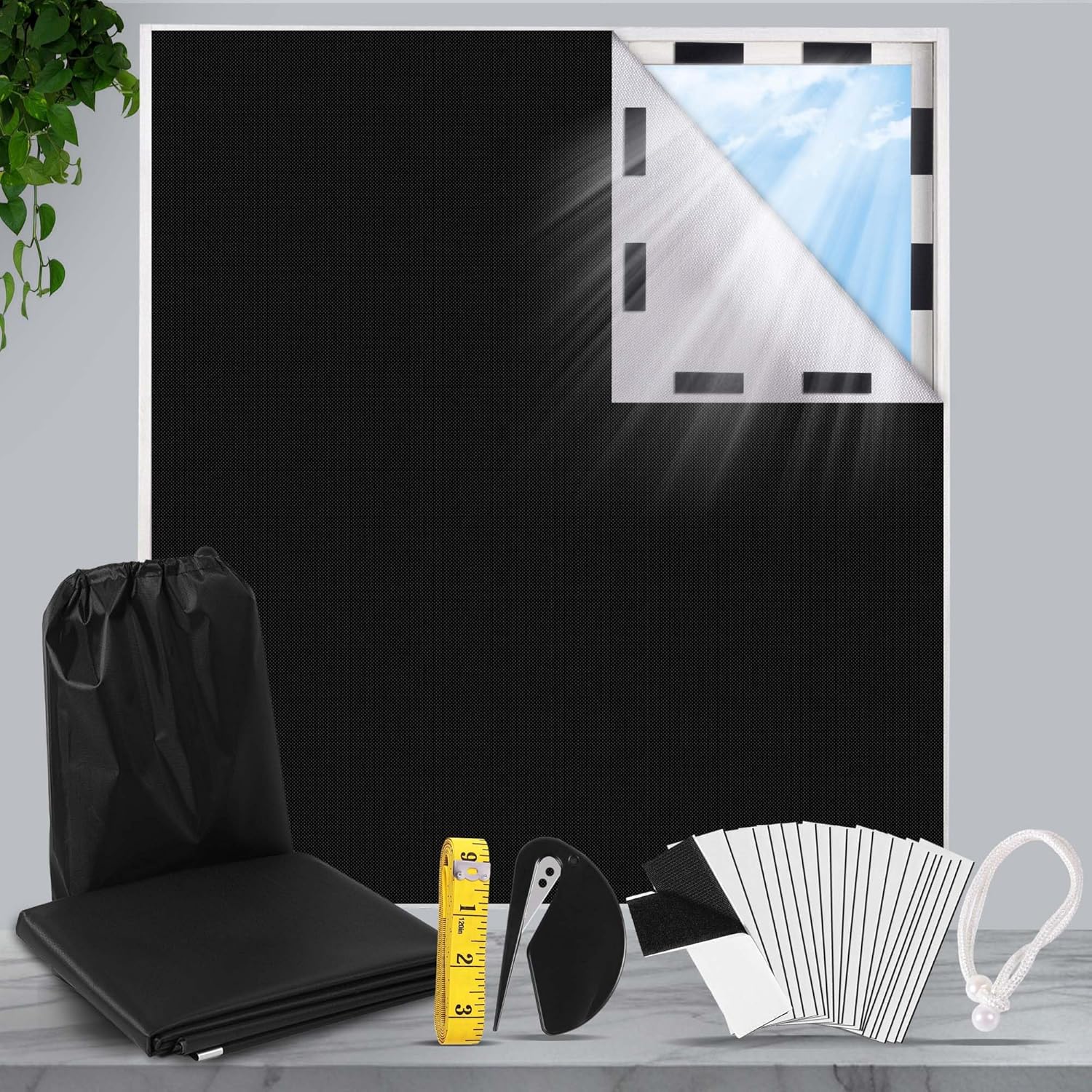 100% Blackout Blind,200 x 145 CM Stick on Blackout Blinds for Windows,No Drill Portable Temporary Fits Any Size Blackout Blinds with 20PCS Hook and Loop Tapes for Bedroom Loft Car Travel