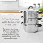 T80836 3-Tier Steamer with Encapsulated Base and Tempered Glass Lid with Steam Release Vent, Induction Compatible, Stainless Steel, Silver