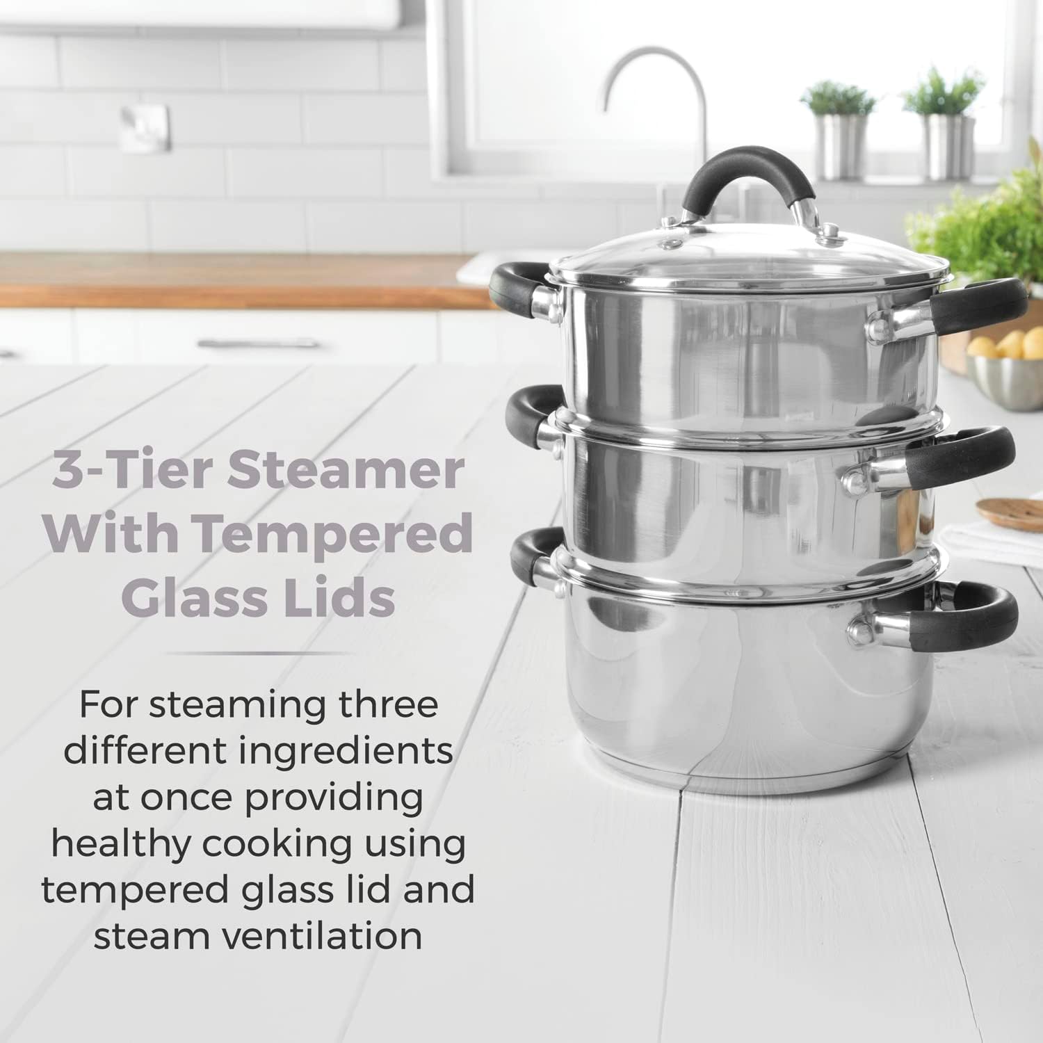 T80836 3-Tier Steamer with Encapsulated Base and Tempered Glass Lid with Steam Release Vent, Induction Compatible, Stainless Steel, Silver