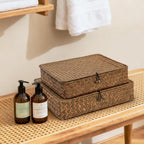 Elsjoy 2 Pack Seagrass Storage Box with Lid, Wicker Storage Baskets Flat Rattan Storage Bins, Woven Organizer Baskets for Shelf, Closet, Bedroom