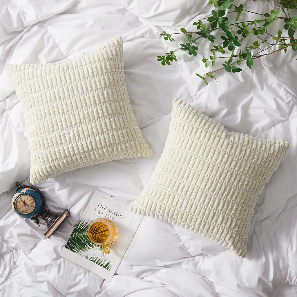 Cream Cushion Covers 50cm x 50cm,Corduroy Decorative Fluffy Pillows Cases,Cushions Cover 20x20 inches with Invisible Zipper for Sofa Bed Livingroom Bedroom,Pack of 2