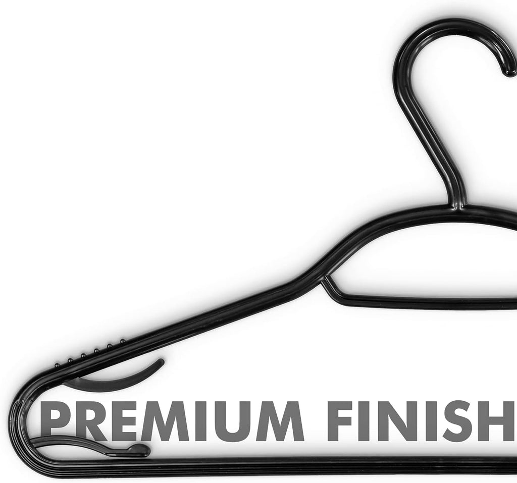 60 Pack 5-in-1 Clothes Hangers – Adult Plastic Coat Hangers for Wardrobe – Space Saving Storage Organiser Hangers with Tie Bar, Strap Hooks, Non-Slip Notches and Secure Lip (Black)