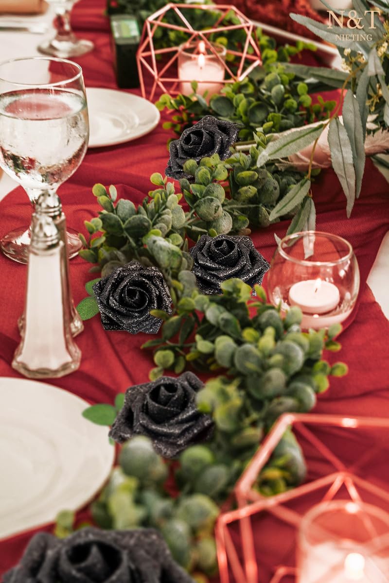 Artificial Flowers Glitter Rose, 25pcs Fake Roses Flowers with Stems Real Touch Faux foam Roses for Wedding Bouquets Party Home Halloween Christmas Decoration(Black)