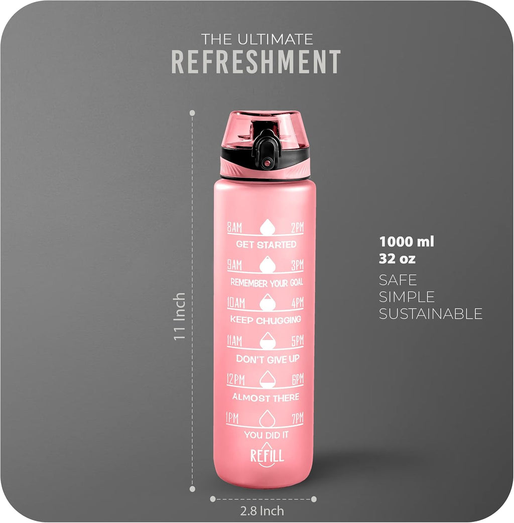 Water Bottle 1L, Sports Water Bottle with Time Markings, BPA-Free, Leak-Proof Drinks Bottle, Perfect for Running, Cycling, Gym, Yoga, Camping and Outdoor Activities, Pink