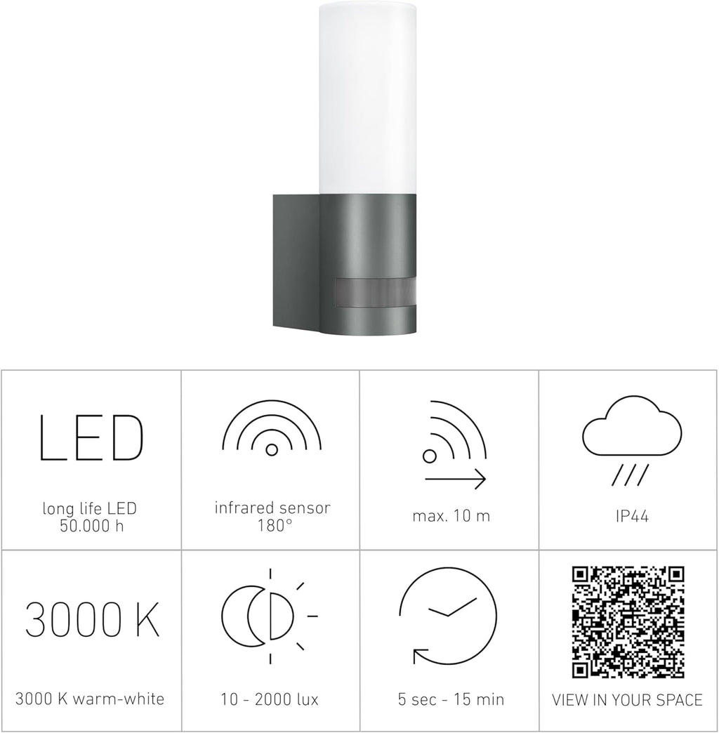Steinel LED Outdoor Light L 605 S, 180° Motion Detector With Maximum 10 m Range, 11.3 W, 729 lm, Aluminium, Anthracite