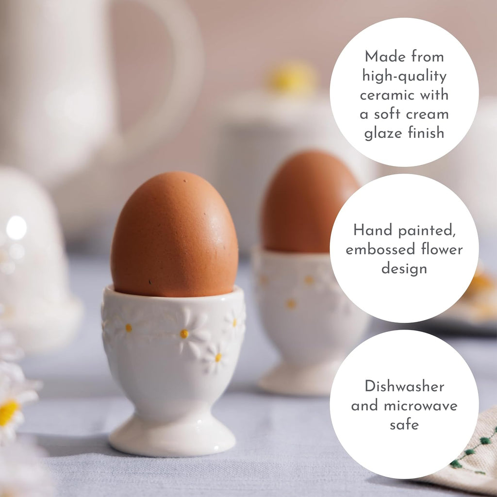 Daisy Set of 2 Egg Cups | Ceramic Egg Holders with Embossed Daisy Design | Dishwasher & Microwave Safe