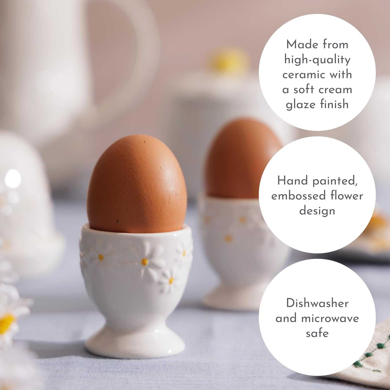 Daisy Set of 2 Egg Cups | Ceramic Egg Holders with Embossed Daisy Design | Dishwasher & Microwave Safe