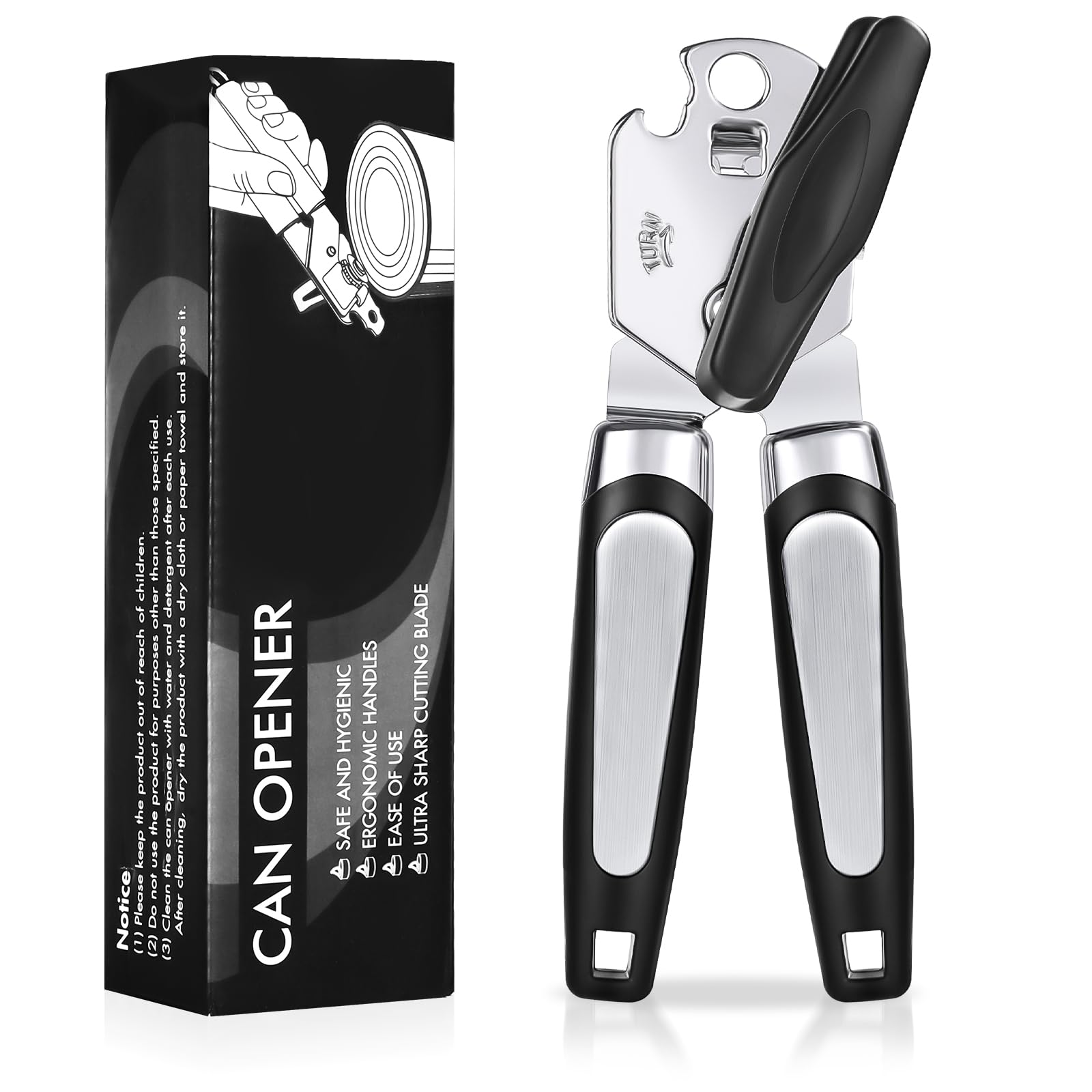 Tin Opener, Lychico 3-in-1Can Opener Handheld Heavy Duty Stainless Steel Can Openers with Multifunctional Bottle Opener, Black Main image