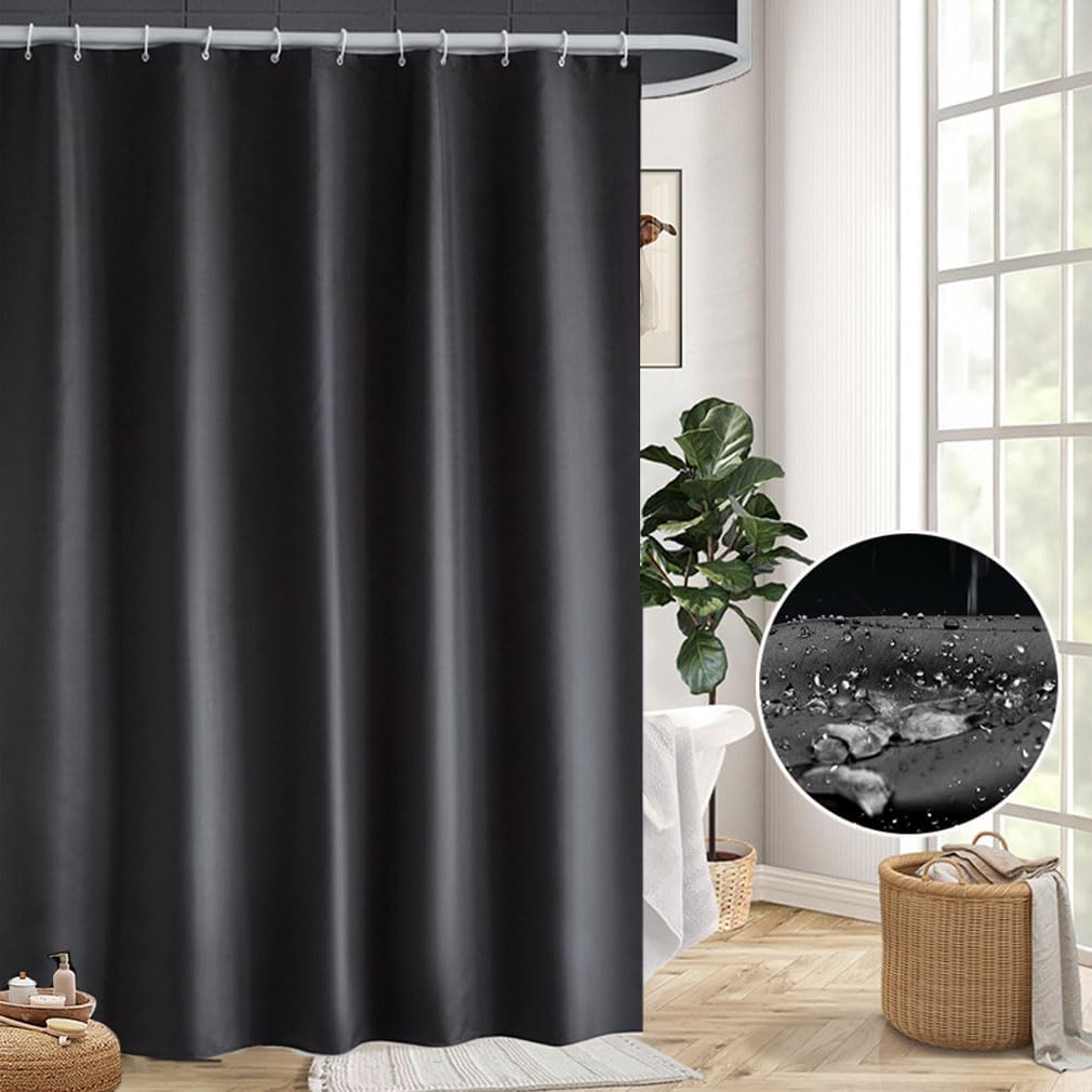 Shower Curtain for Bathroom, Water and Mould Resistant PEVA Bathroom Curtain with Grommets & 12 Hooks, Machine Washable, 180 x 180 cm (71 x 71 Inch), Black