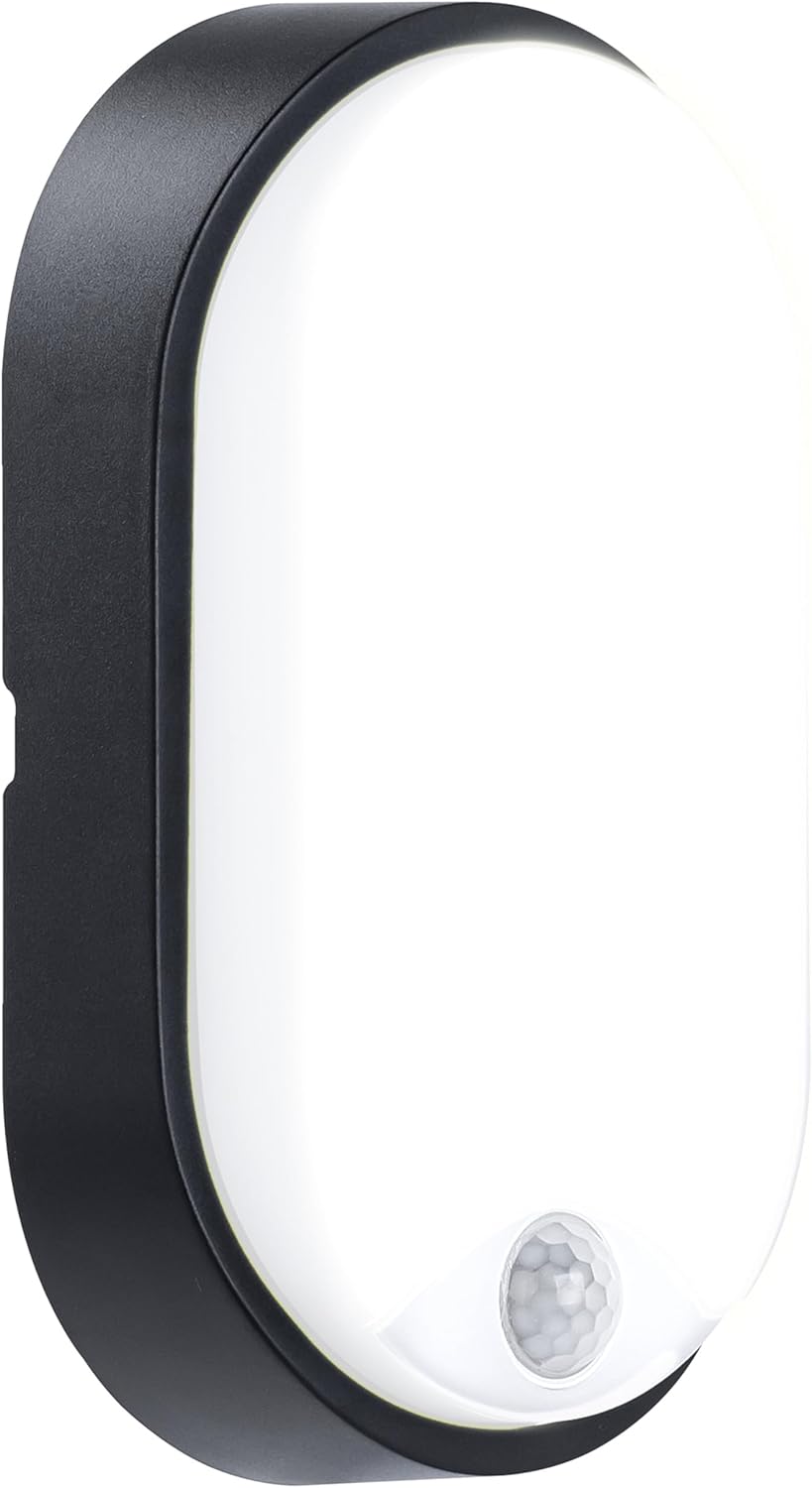 Eco Outdoor LED Bulkhead Light with PIR Motion Sensor, Decorative Exterior Lighting, Oval, Black, IP54, 10W, 700lm, 4000K, EBEO10P40