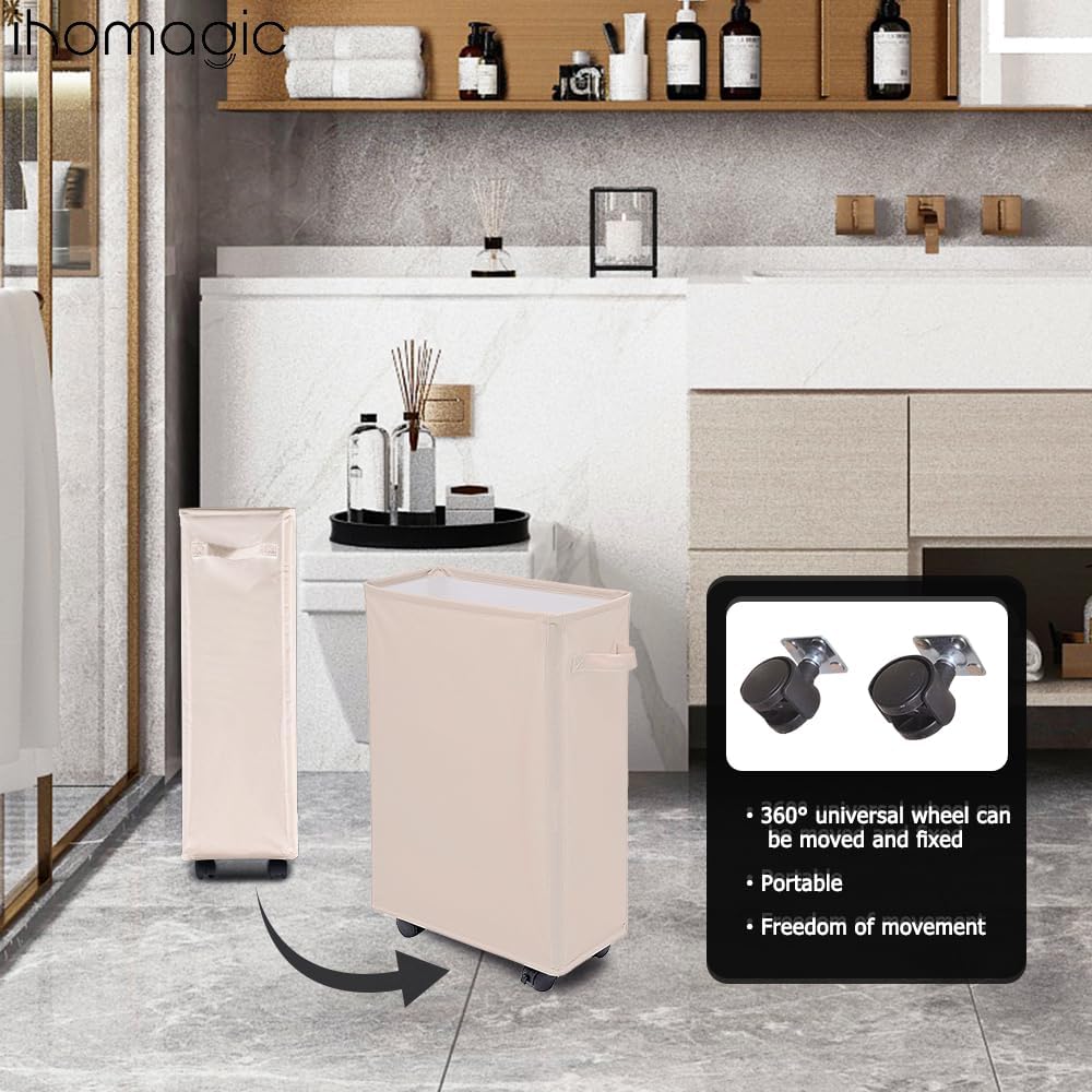 Slim Laundry Basket - Rectangle Laundry Hamper With Wheels - Foldable Storage Bin Coner Washing Hamper Dirty Clothes Storage Hamper for Clothes in Bedrooms, Living Room, Bathroom (Beige)