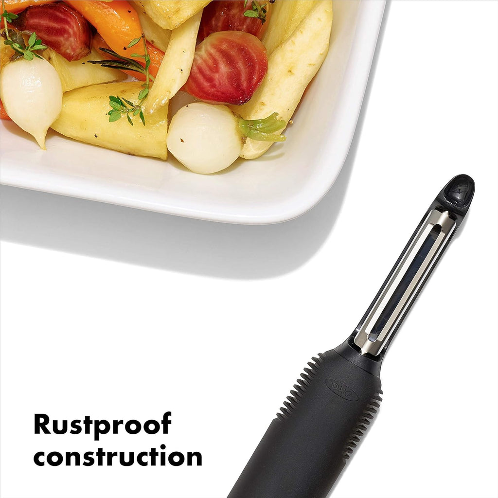 Good Grips Swivel Peeler – Twin Stainless Steel Blades for Apples, Potatoes & More – Built-in Potato Eyer – Non-Slip Handle – Dishwasher Safe Peeler for Tough-Skinned Fruit & Vegetables