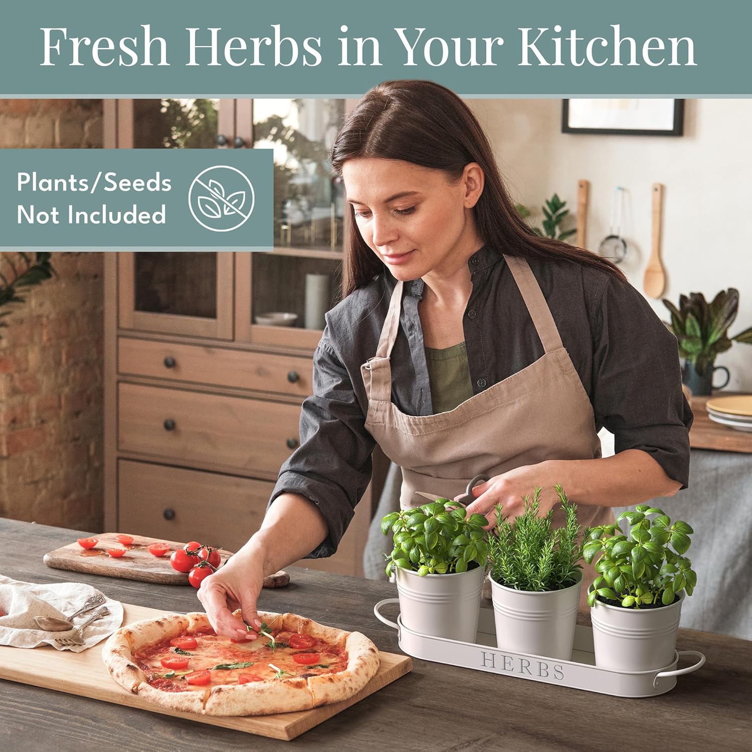 Barnyard Designs Herb Pot Planter Set with Tray for Indoor Garden or Outdoor Use, Decorative White Metal Succulent Potted Planters for Kitchen Windowsill Secondary image