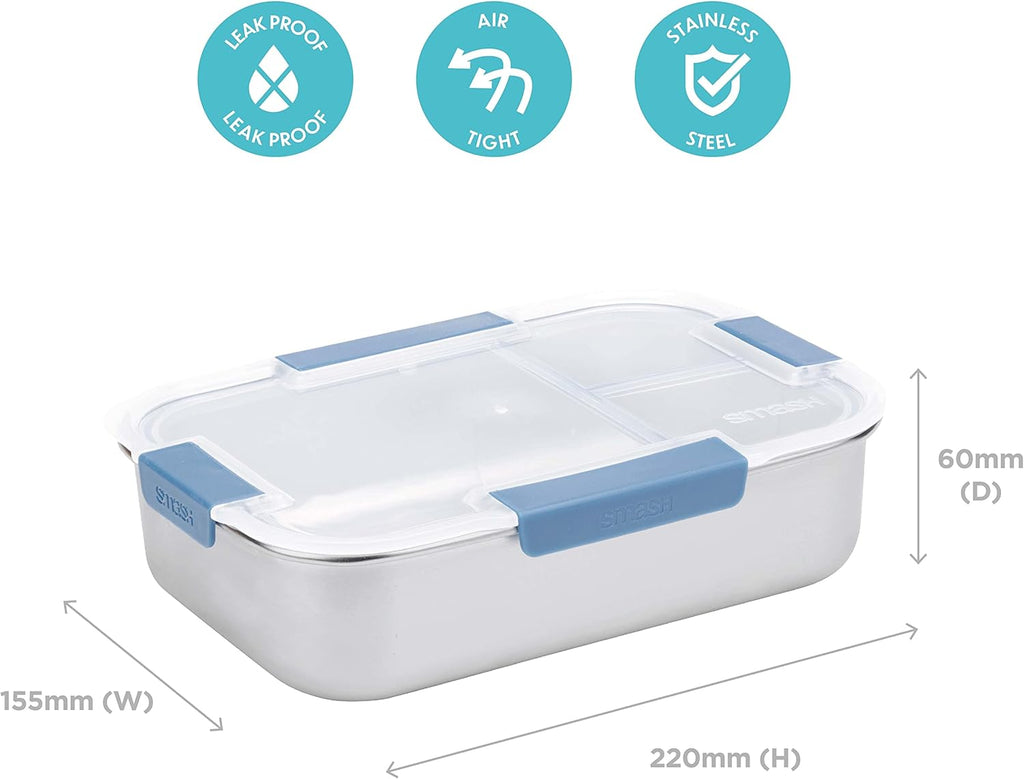 Stainless Steel Bento Lunch Box, 3 Compartments, Blue, 1300ml