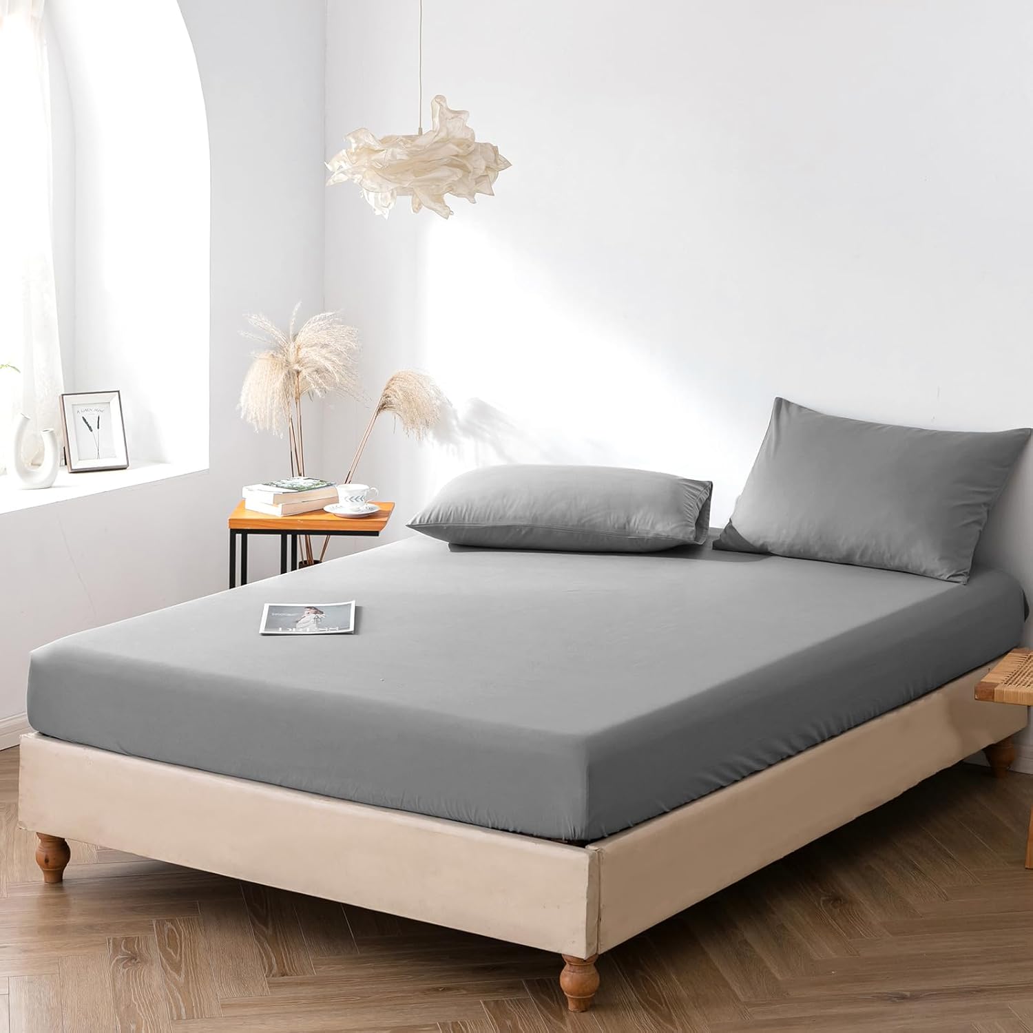 Fitted Sheet Bed Sheets King 25CM Extra Deep Pocket Soft and Breathable Machine Washable Fitted Bedding Sheets (Dark Gray, King) Main image