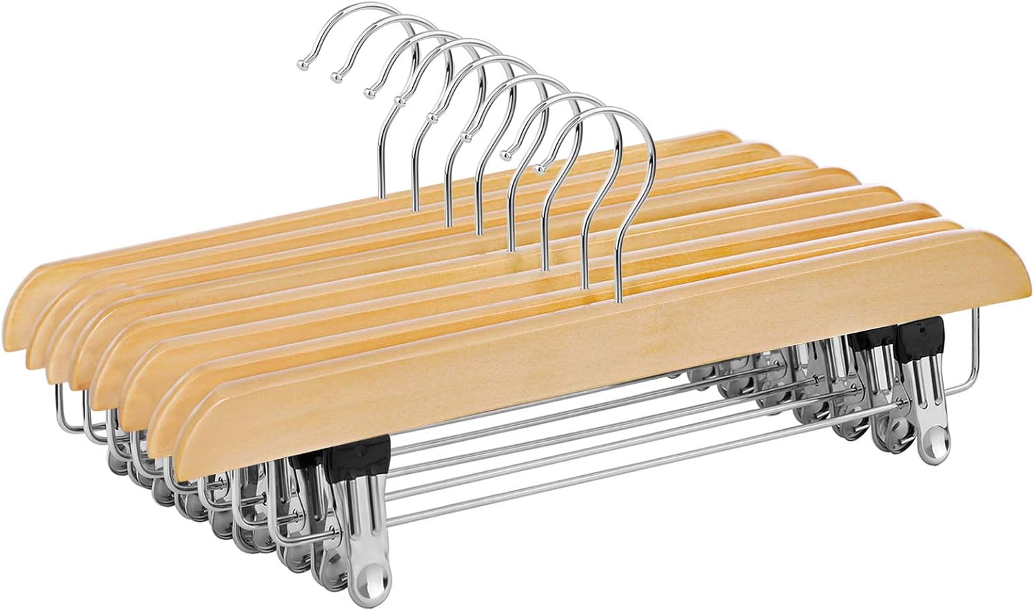 SONGMICS Skirt Hangers, Pack of 8, Solid Wood Trousers Hangers, with Non-Slip Clips for Pants Slacks, Shorts, Natural CRW008-8 Main image