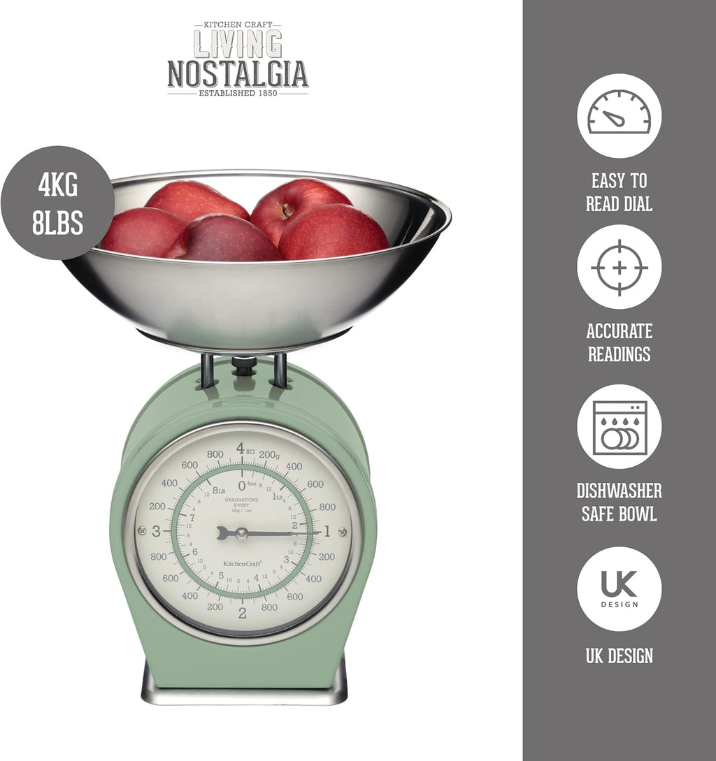 Living Nostalgia Mechanical Kitchen Scales, Retro Traditional Weighing Scale 4 kg (8 lbs), 25 x 25 x 3 cm, English Sage