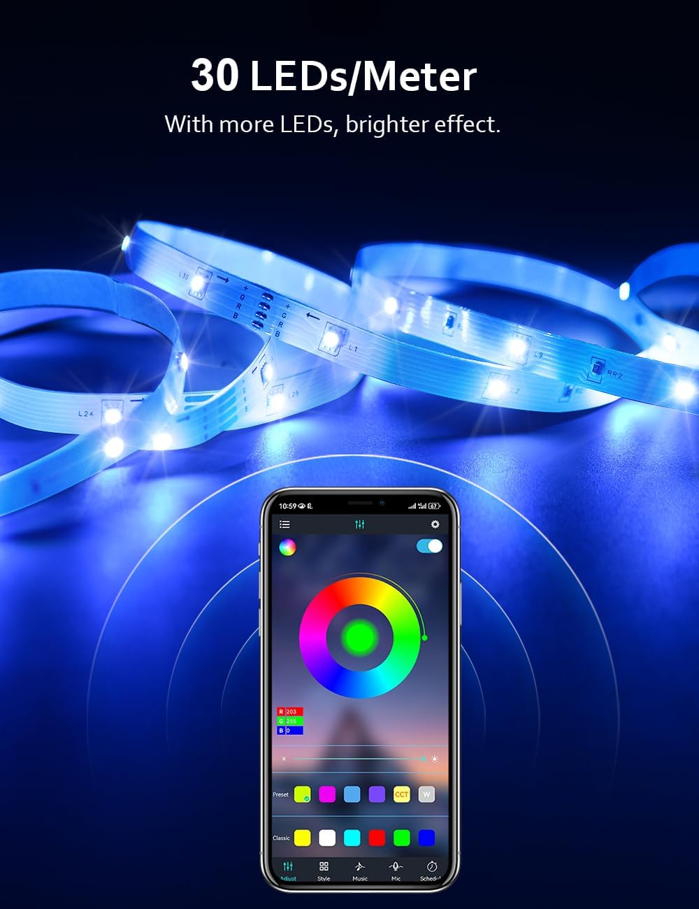 HOVVIDA LED Strip Light Lights 10M, 1x10M, 30 LEDs/Meter, 24V RGB LED Strip Light, 300 LEDs, APP and Remote Control, Music Mode, Timer Mode, LED for Bedroom, Living Room, Kitchen, Party Secondary image