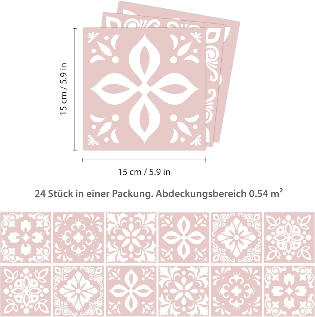 15cm 24 pcs Sevilla Light Pink Wall Tile Stickers Peel and Stick Backsplash Self-Adhesive Vinyl Home Decor DIY Living Room Splashbacks Spring Easter Decoration Tile Paint Stick on Tiles Ideas