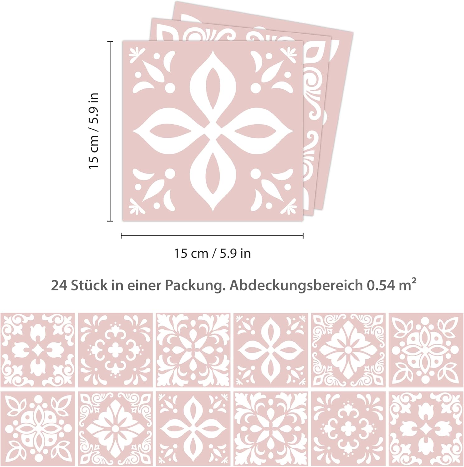 15cm 24 pcs Sevilla Light Pink Wall Tile Stickers Peel and Stick Backsplash Self-Adhesive Vinyl Home Decor DIY Living Room Splashbacks Spring Easter Decoration Tile Paint Stick on Tiles Ideas