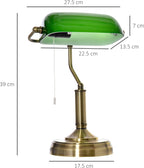 Banker's Table Lamp Desk Lamp with Antique Bronze Tone Base, Green Glass Shade and Pull Rope Switch for Home Office, Living Room, Bedroom, Dining Room, Green
