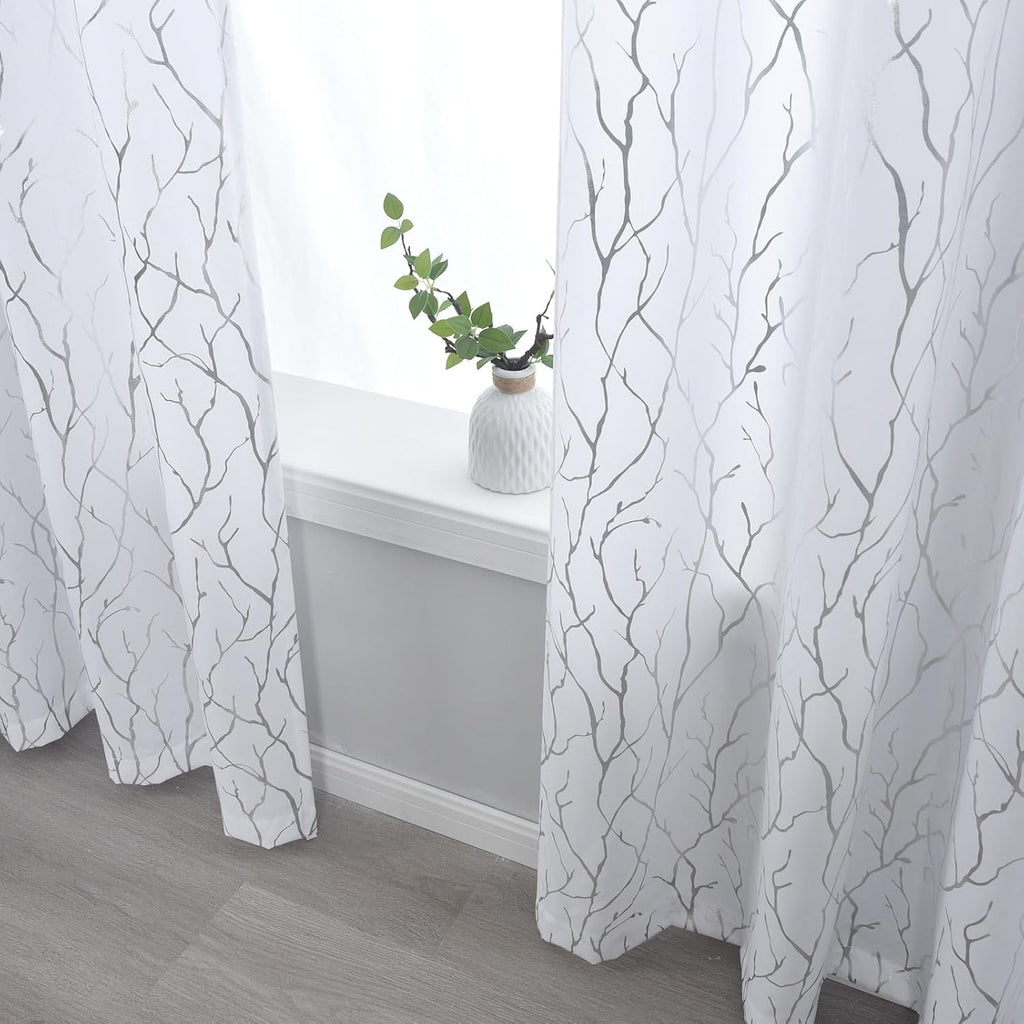 Kotile Silver Tree Branch Curtains 63 Inch Length, Metallic Shimmer White Curtains for Bedroom, Grommet Top Privacy Semi-Sheer, 52 x 63 Inch, 2 Panels