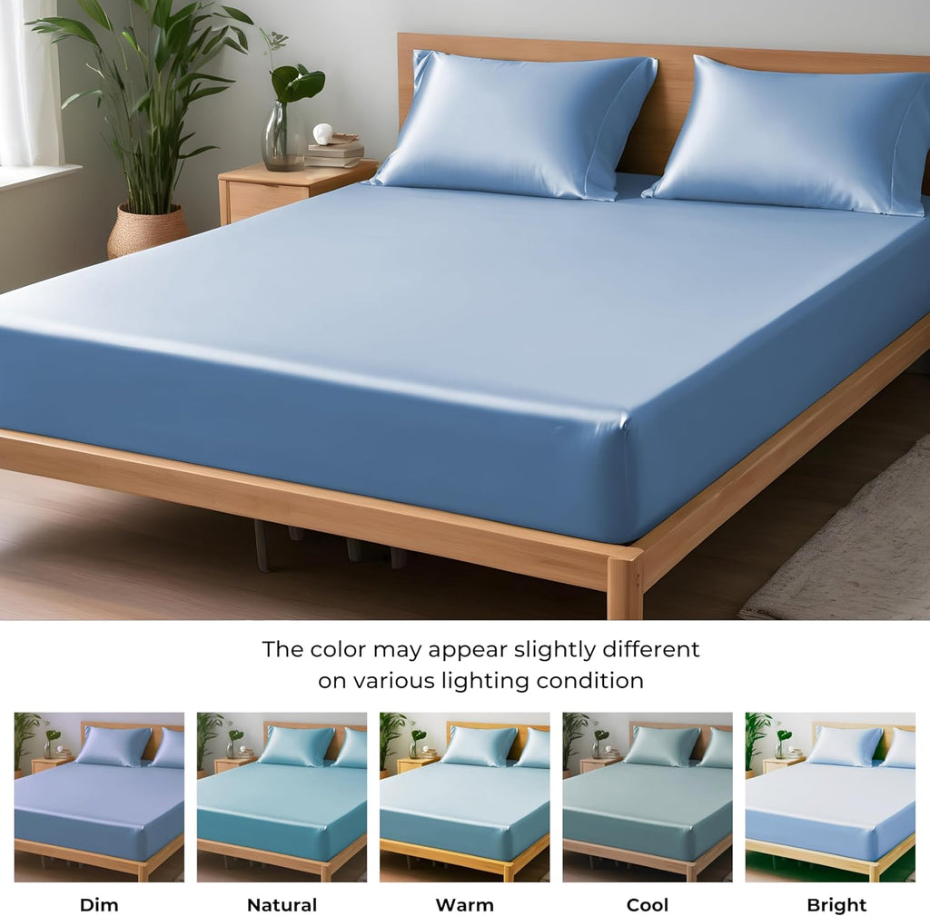 Double Fitted Sheet 140x190 cm, 100% Organic Bamboo Silk Bed Sheet for Double Size Bed, Up to 40 cm Deep Pocket Bottom Sheet, Soft, Cooling Hypoallergenic Bedding (Bahamas Blue)