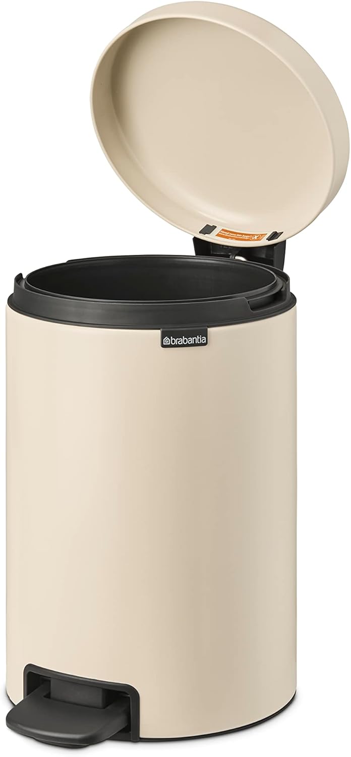 Brabantia - NewIcon Pedal Bin 12L - Medium Waste Bin for Kitchen or Bedroom - Soft Closing Lid - Light Pedal Operation - with Removable Inner Bucket - Non-Slip Base - Soft Beige - 25 x 34 x 41 cm
