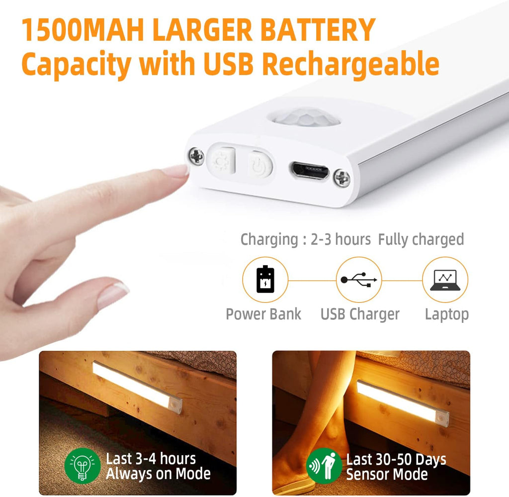 Motion Sensor Lights Indoor (30cm), 3 Pack 60 LED Under Cabinet Lights 6000K, USB Rechargeable Battery Powered Night Lights with Magnetic Strip for Kitchen, Wardrobe, Garage, Stairs, Bedroom