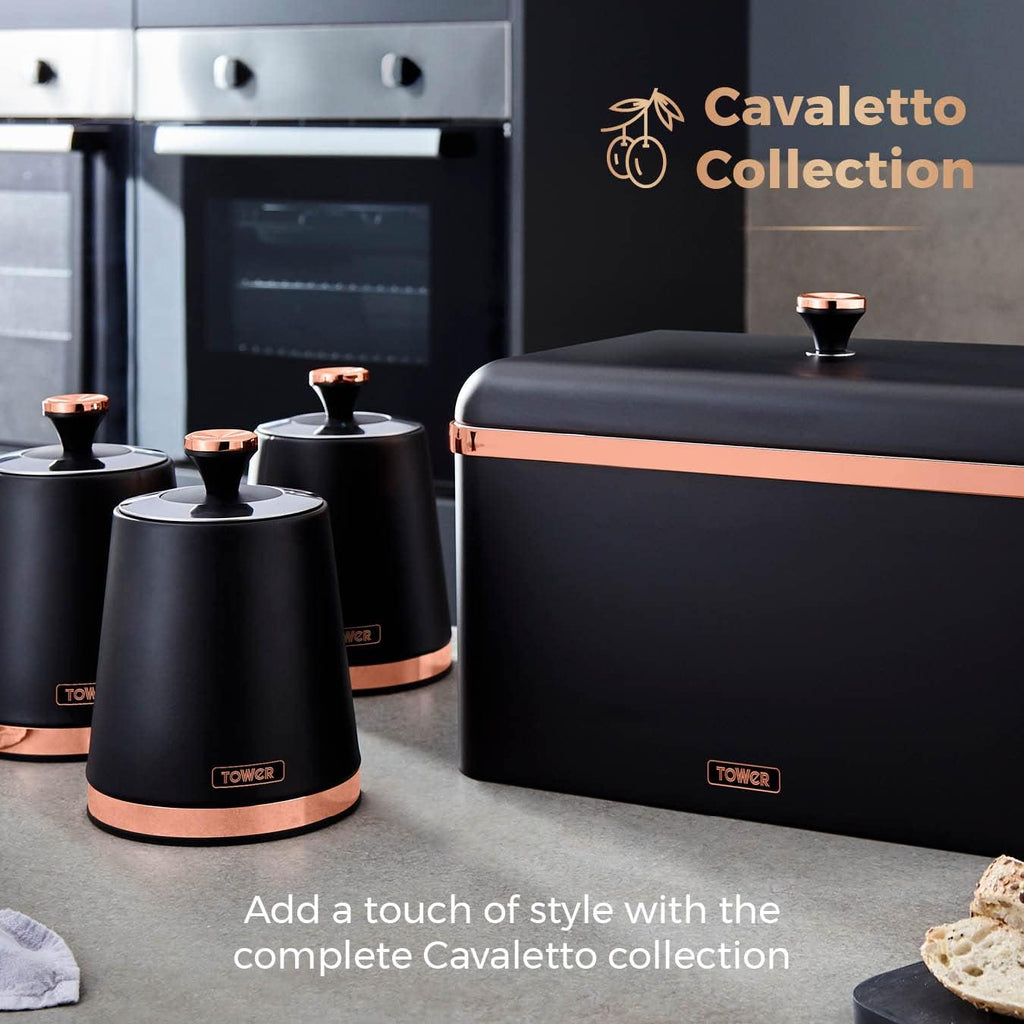 T826131BLK Cavaletto Set of 3 Storage Canisters for Tea/ Coffee/ Sugar, Steel, Black and Rose Gold