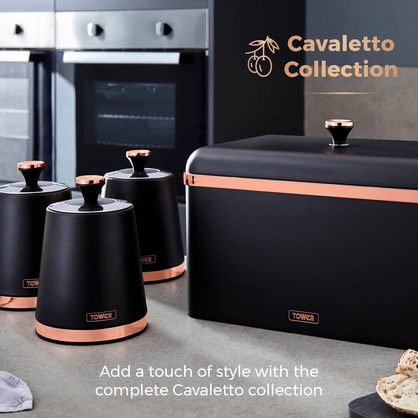 T826131BLK Cavaletto Set of 3 Storage Canisters for Tea/ Coffee/ Sugar, Steel, Black and Rose Gold