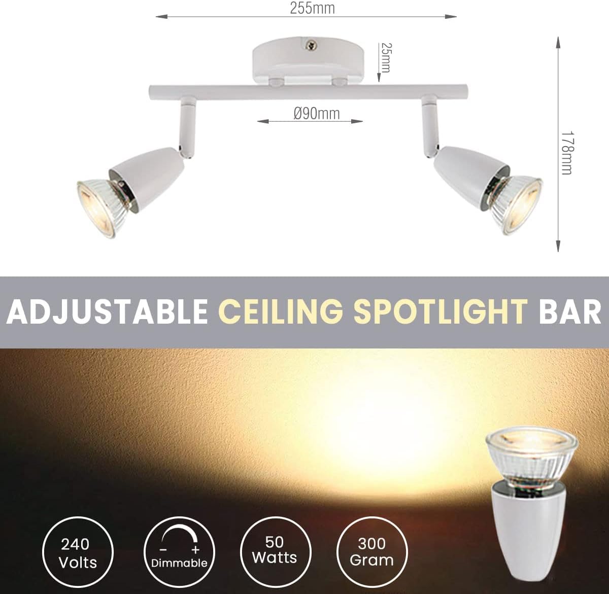 Amalfi 2 Way Adjustable Bar Spotlight Fixture - IP20 Semi Flush Ceiling Light - GU10 LED Compatible Spotlight Lamp - Residential and Commercial Dimmable Light Fitting | Antique Brass Finish